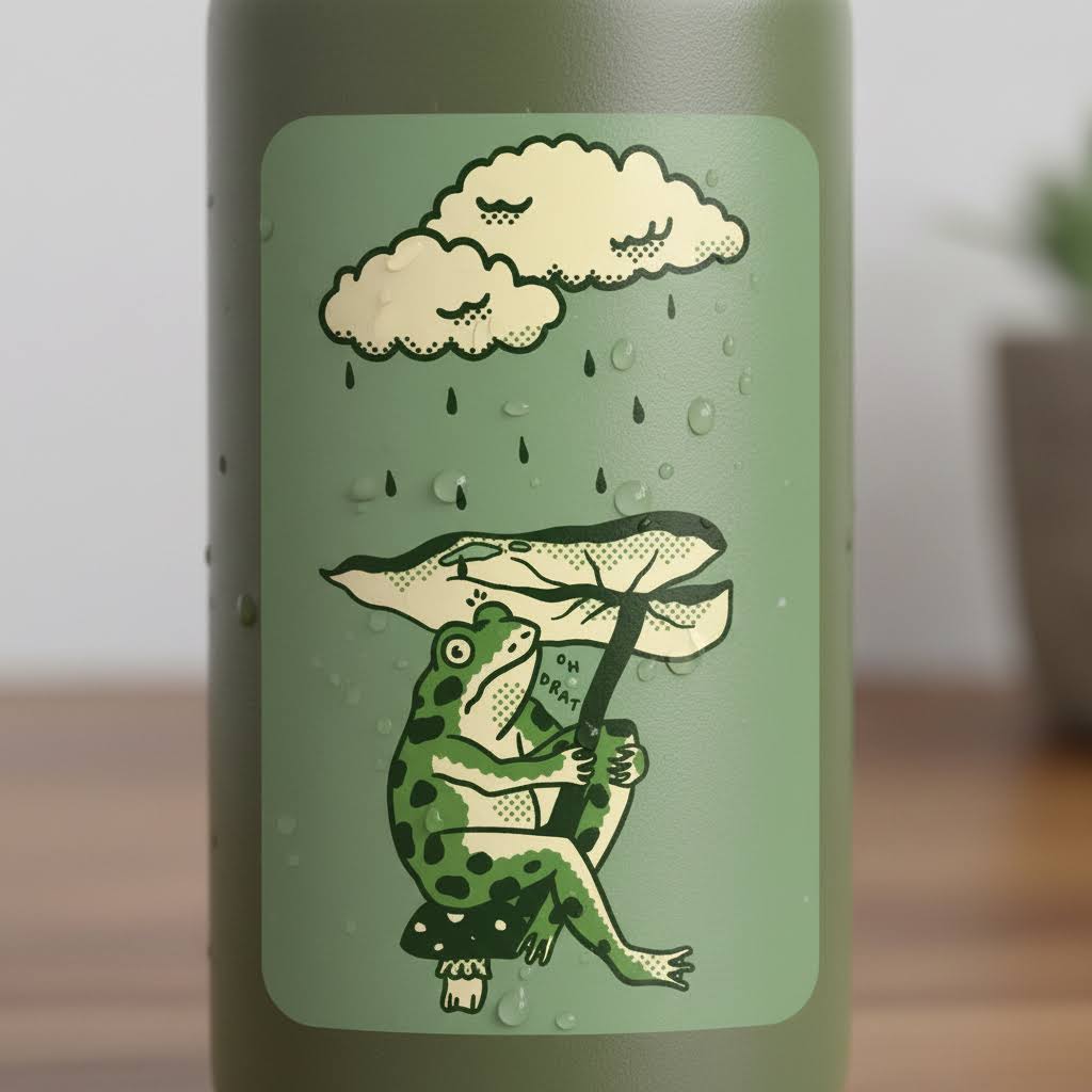 Forager Provisions LTD vinyl sticker featuring a cute frog holding a leaf umbrella in the rain on a green bottle