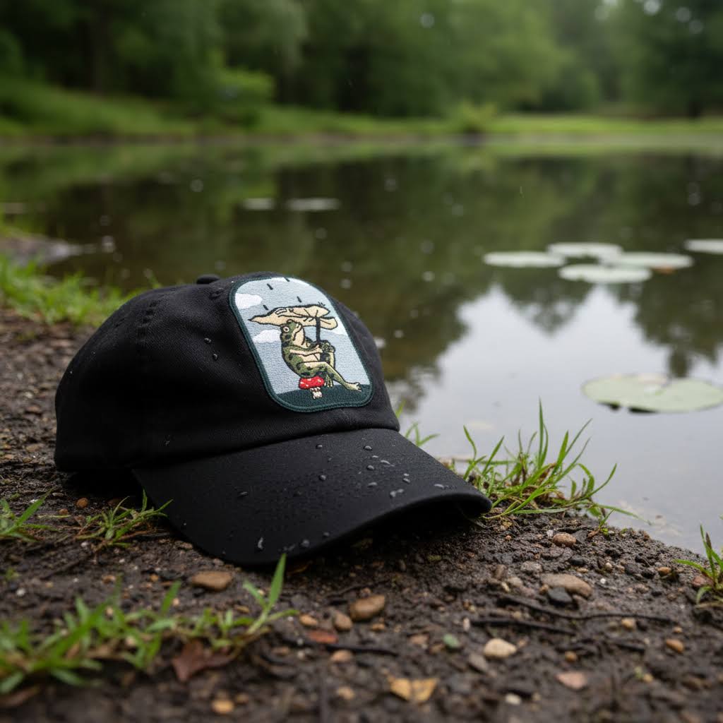 Forager Provisions LTD Stay Home Club black cotton dad hat with a frog under a leaf umbrella patch by a pond.