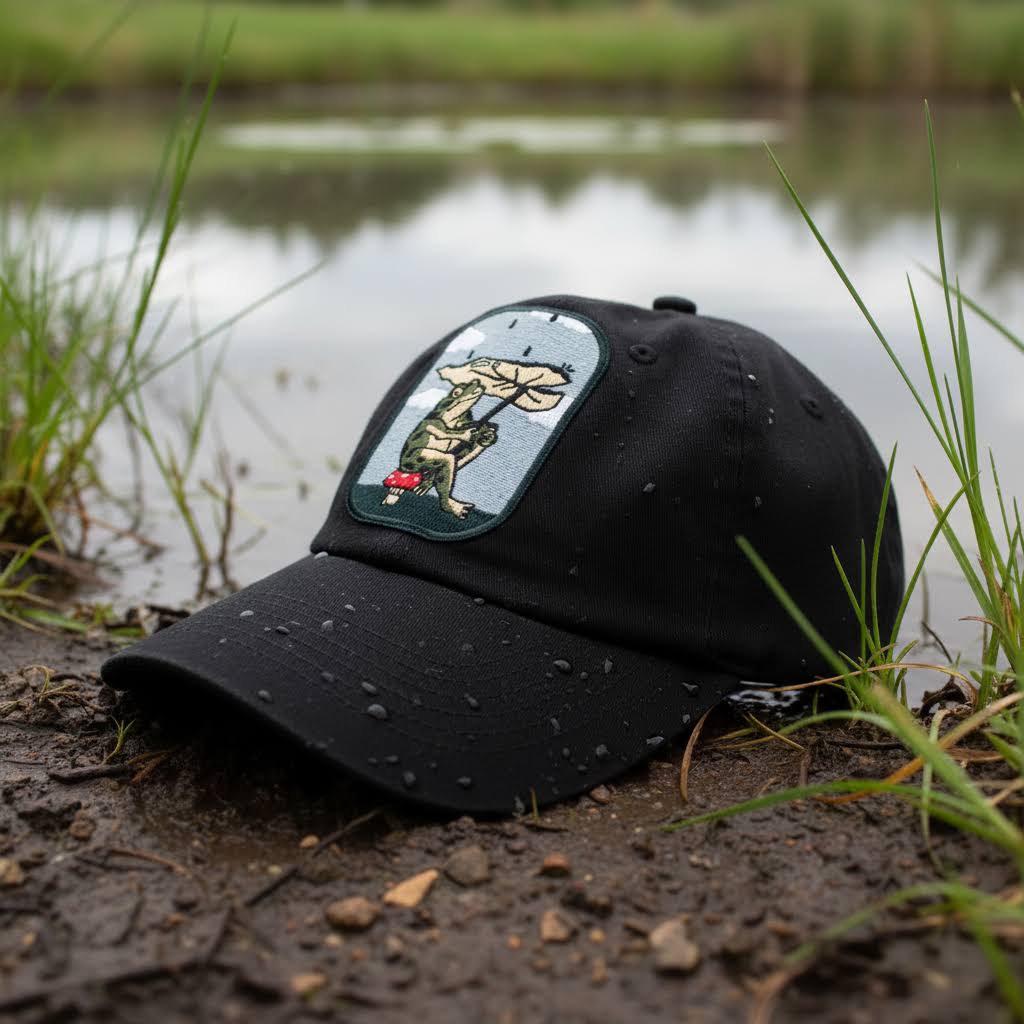 Forager Provisions LTD Stay Home Club black cotton dad hat with a frog holding a leaf umbrella patch by a pond.