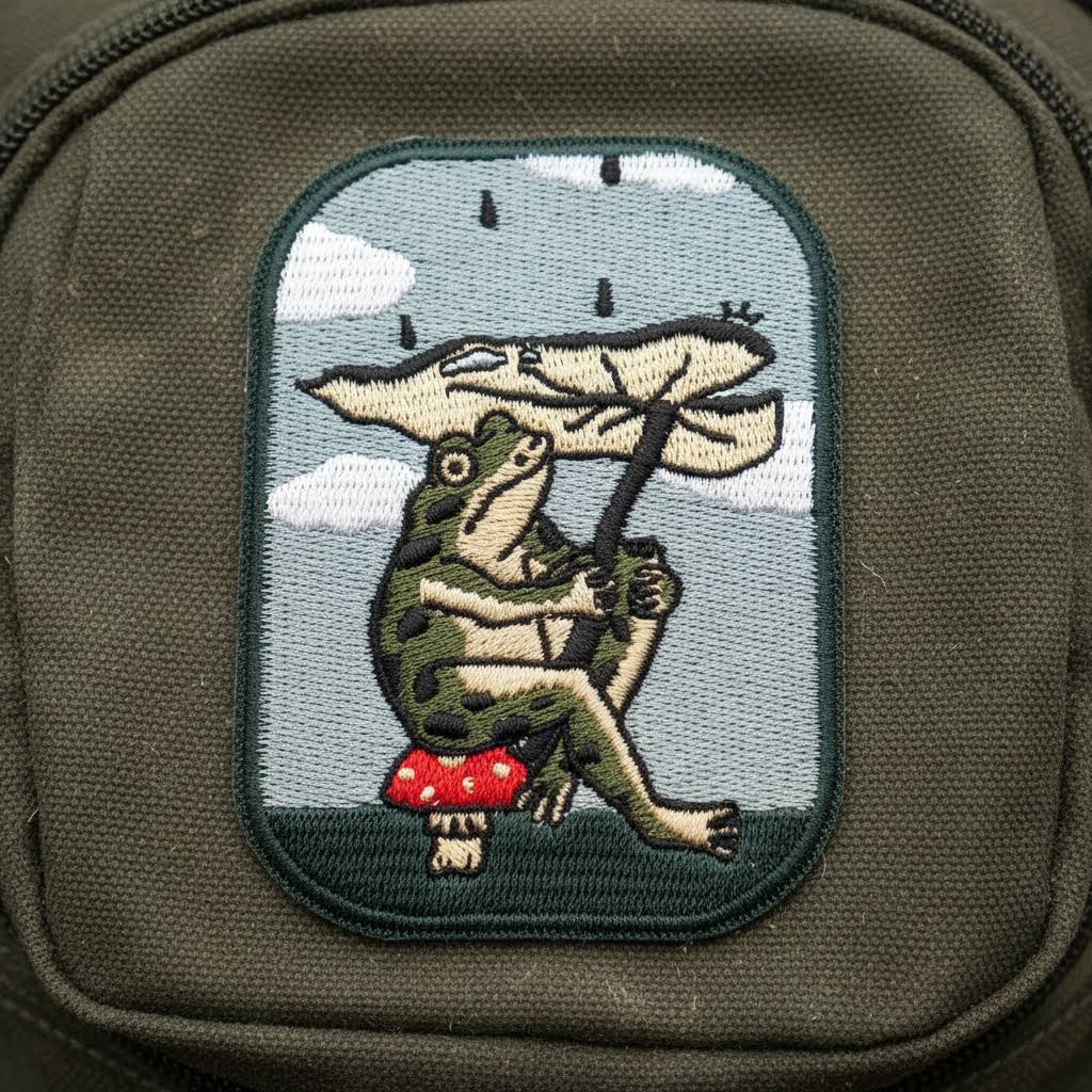 Stay Home Club frog patch with leaf umbrella, cute frog on red mushroom in rain—unique embroidered accessory design.