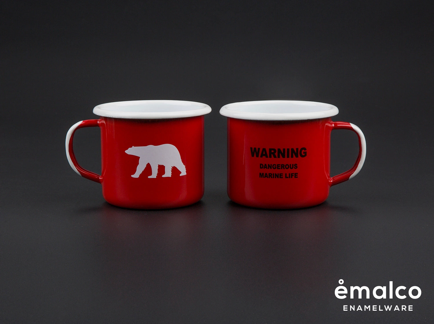 Red Emalco 12oz enamel mug with polar bear design and bold “Dangerous Marine Life” warning, unique collector’s camping cup.
