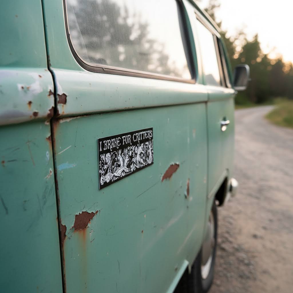 Forager Provisions LTD Cat Coven I Brake For Critters rectangular magnet on a vintage teal campervan door