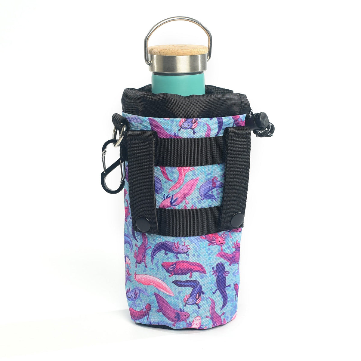 Forager Provisions LTD Sipsey Wilder axolotl print water bottle holder with adjustable strap and accessory pocket.