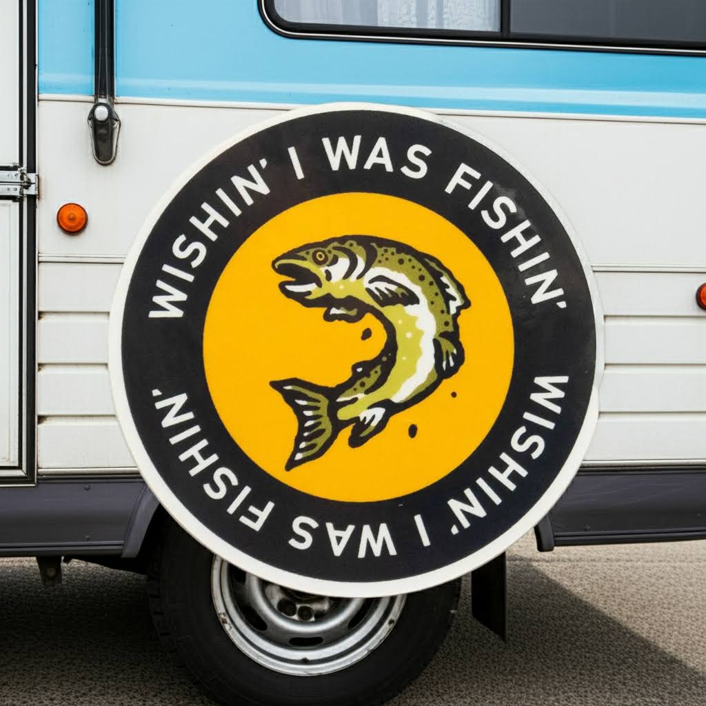 Forager Provisions LTD round vinyl sticker featuring a jumping fish and the text Wishin I Was Fishin on a camper