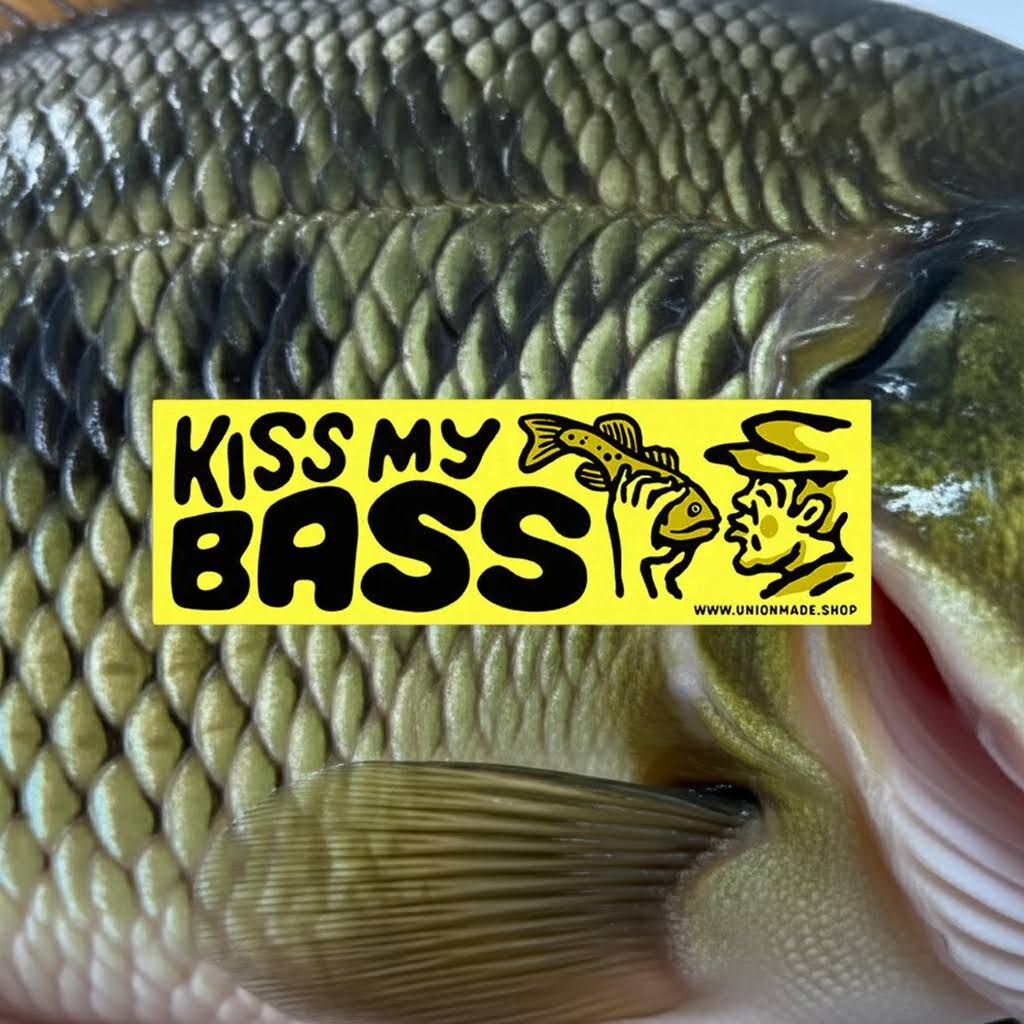 Forager Provisions LTD yellow Kiss My Bass vinyl bumper sticker featuring a fishing graphic on a bass fish background