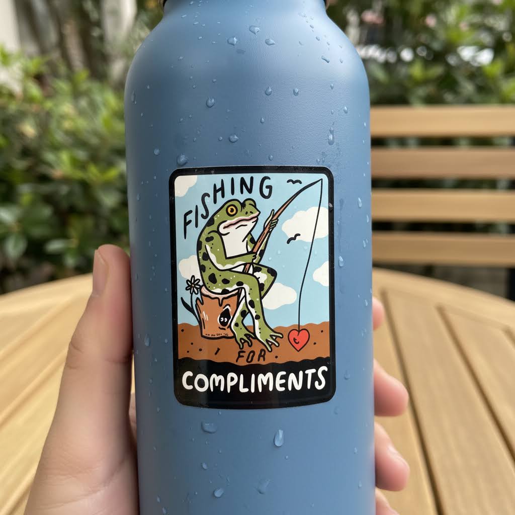 Forager Provisions LTD Stay Home Club vinyl sticker featuring a frog fishing for a heart on a blue water bottle