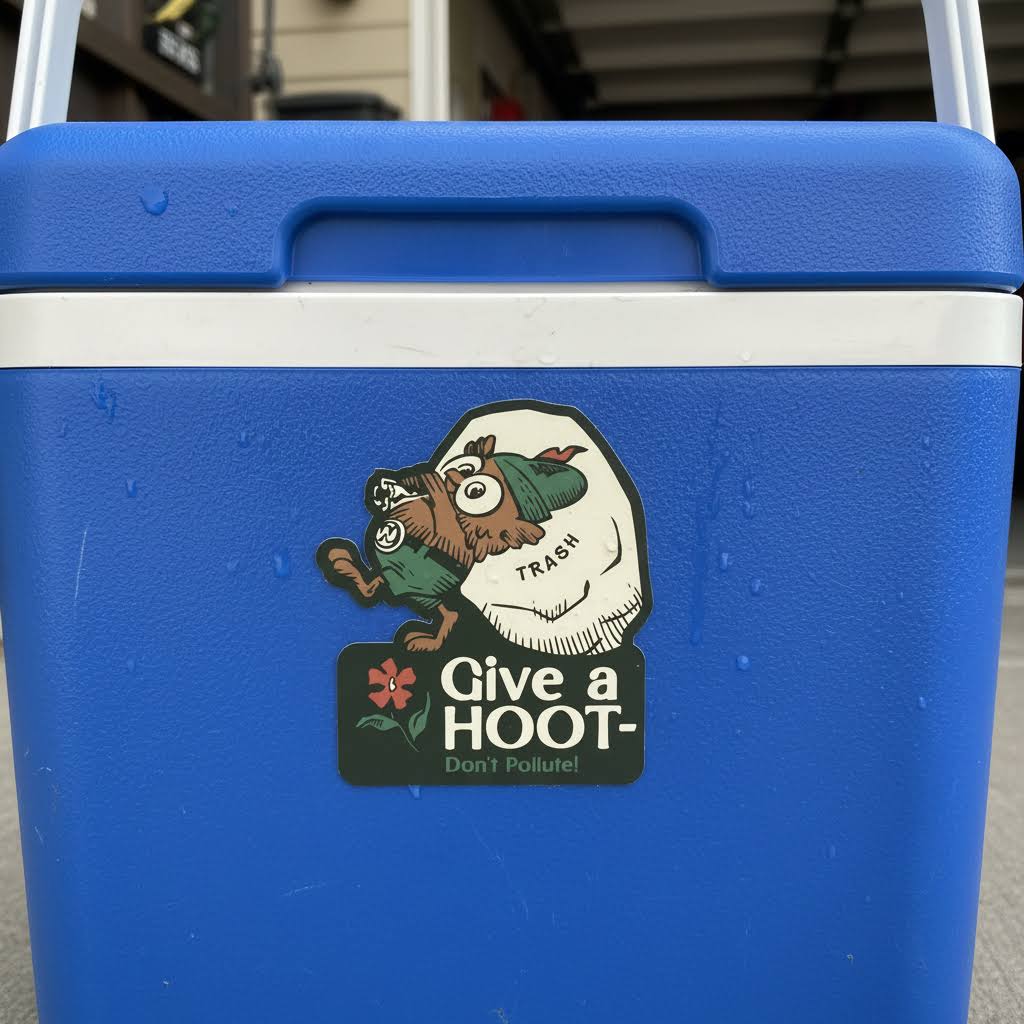 Forager Provisions LTD Woodsy Owl Give a Hoot Don't Pollute vinyl sticker applied to a blue outdoor cooler.