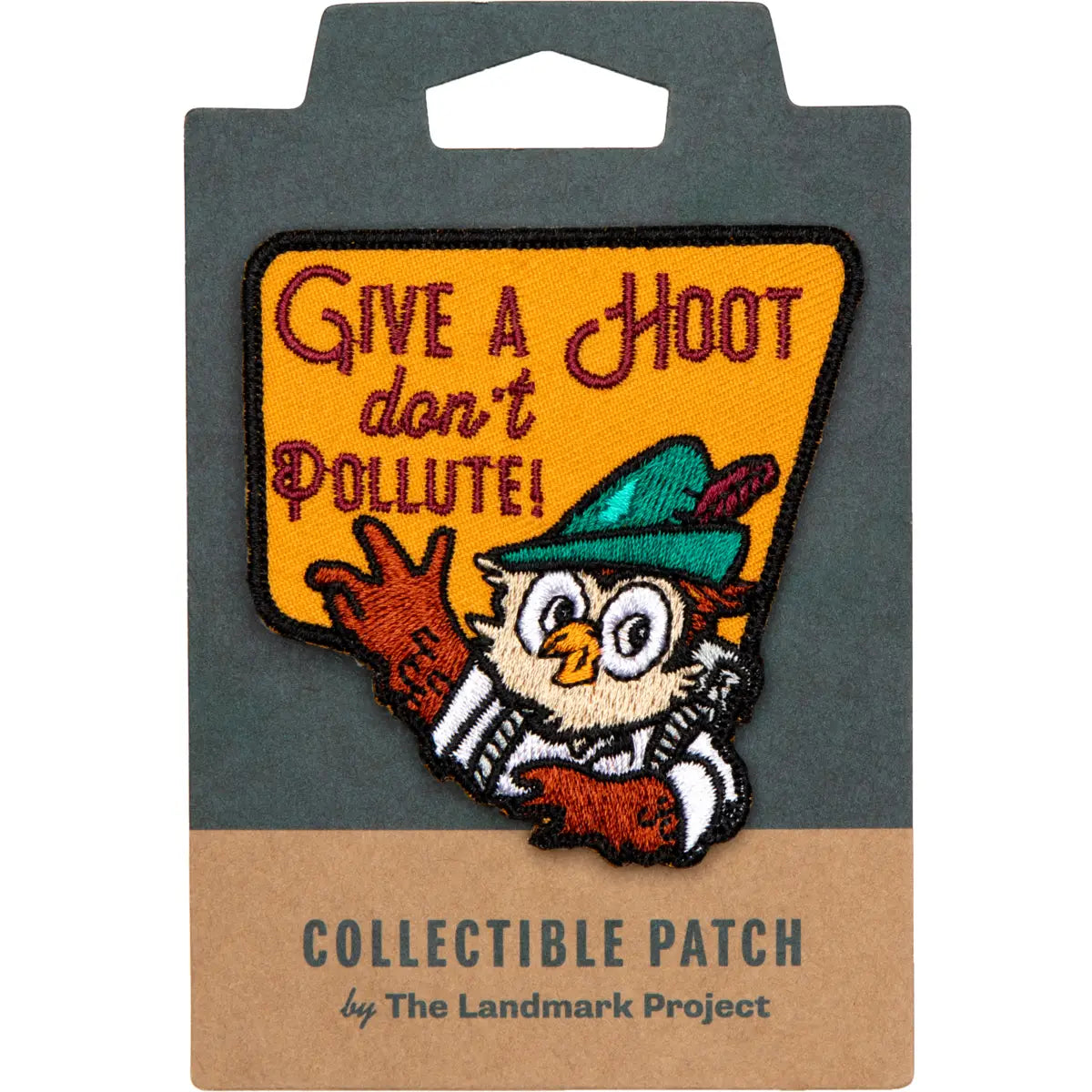 Woodsy Owl patch with green hat and Give A Hoot, Don’t Pollute slogan—eco-friendly, outdoor conservation accessory.