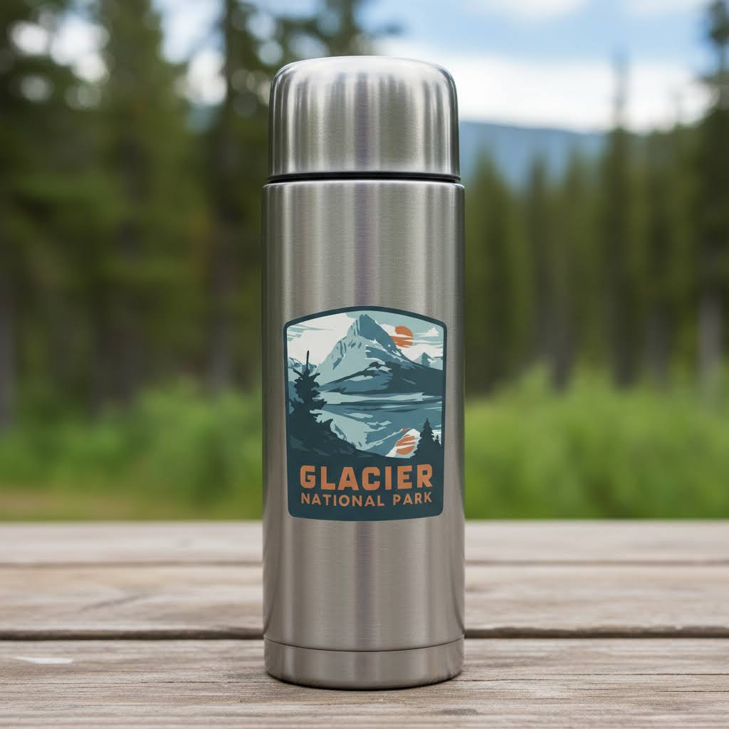 Forager Provisions LTD Glacier National Park vinyl sticker on a stainless steel thermos outdoors