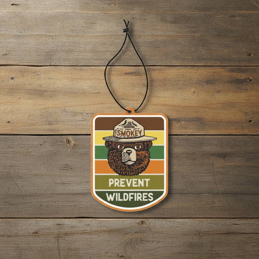 Forager Provisions LTD Smokey Bear hanging air freshener with retro pine and citrus design on a rustic wood background