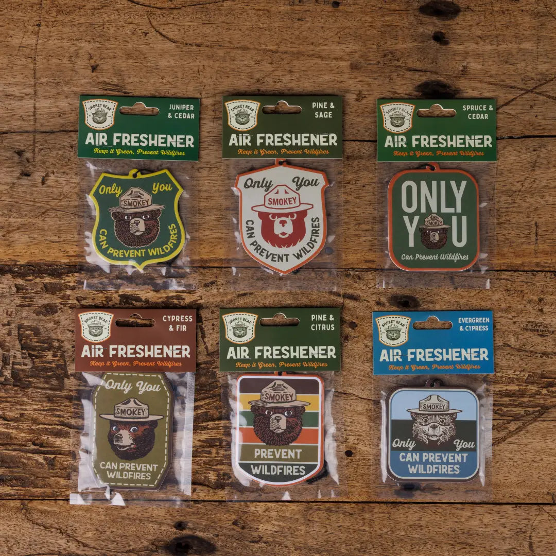 Six Good & Well Supply Co Smokey Bear Pine & Sage air fresheners neatly arranged in two rows on a wooden surface, top view.