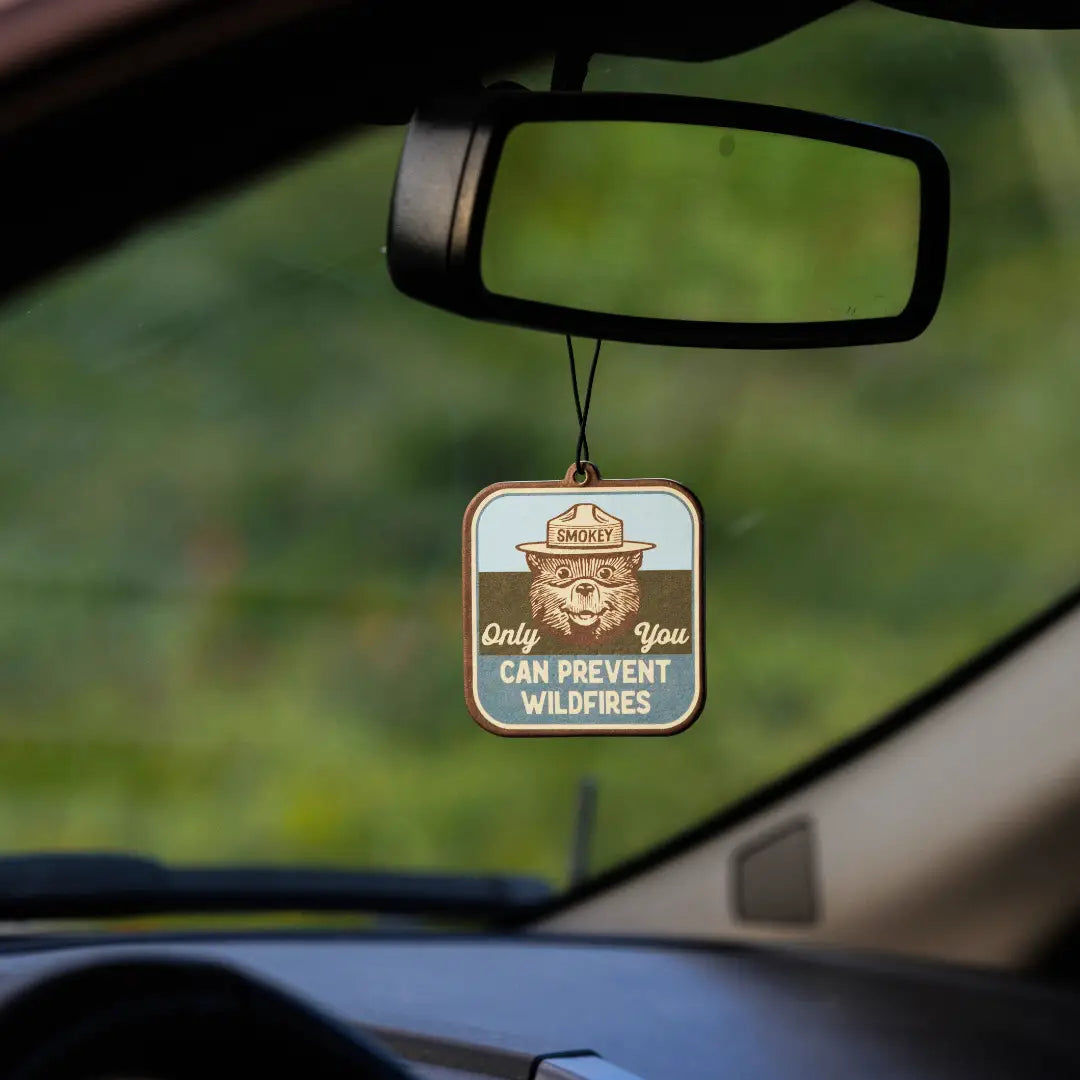 Forager Provisions LTD Smokey Bear hanging air freshener with evergreen and cypress scent inside a car