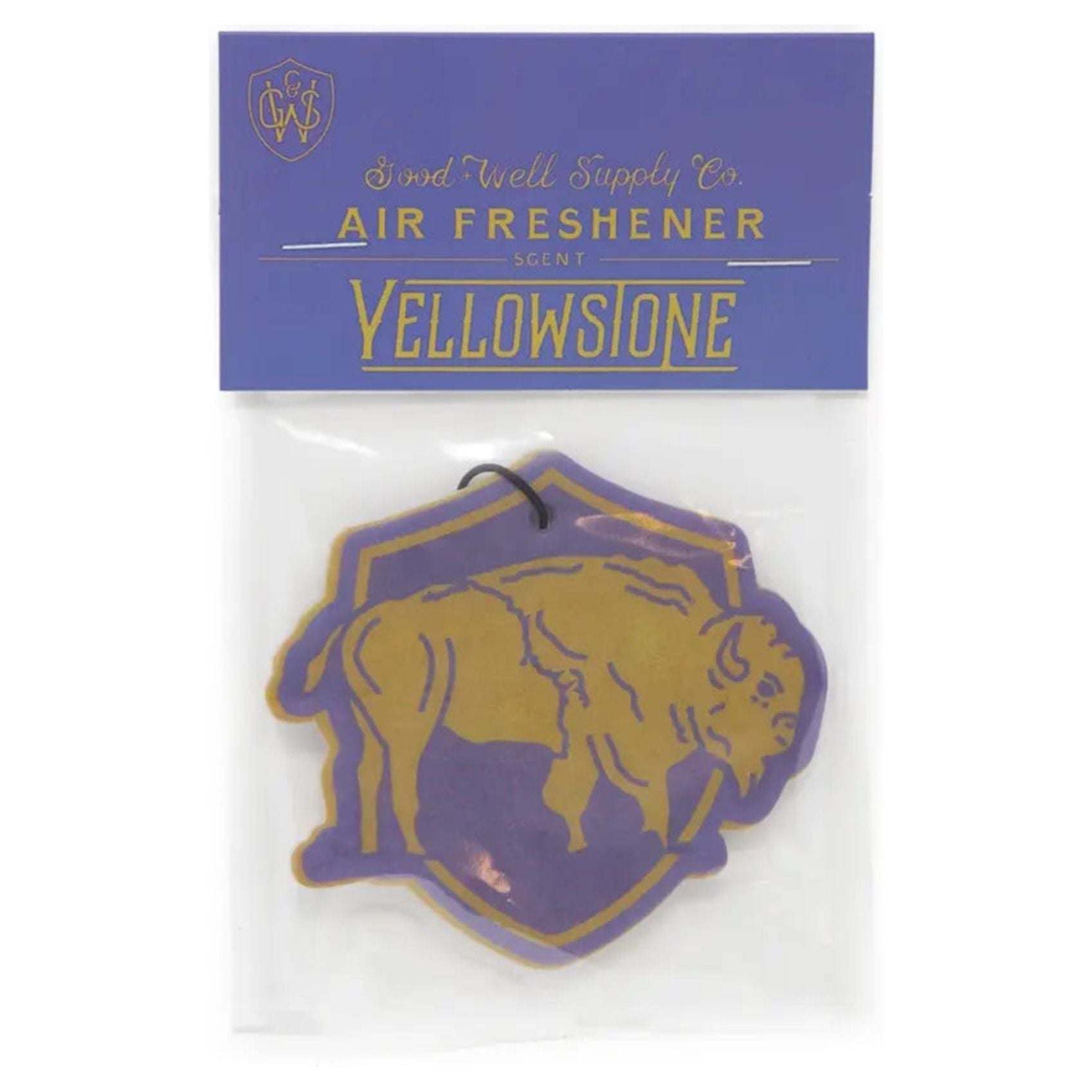 The Good & Well Supply Co Hangable Air Freshener - Yellowstone, featuring a buffalo design on a yellow and purple background, proudly supports the National Park Foundation.