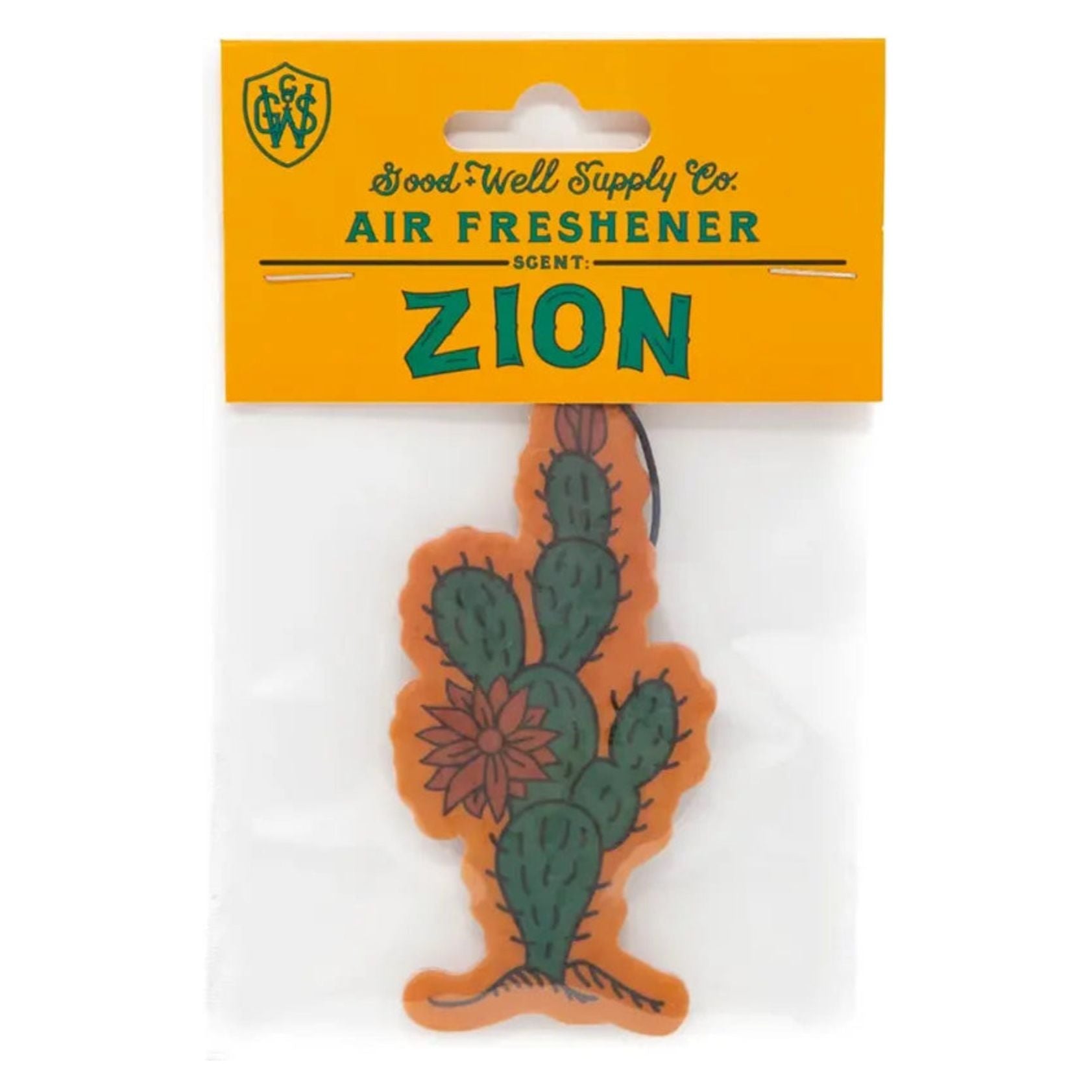 Introducing the Good & Well Supply Co Hangable Air Freshener - Zion, featuring a cactus design and packaging with an orange header card. Enjoy the refreshing aroma of desert lavender while knowing that a portion of proceeds supports the National Park Foundation.