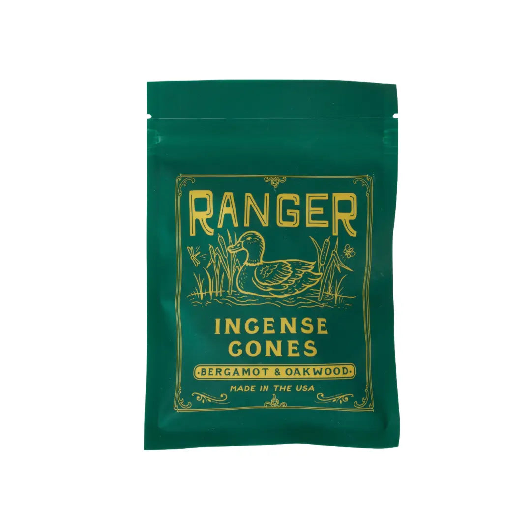 Green Good & Well Supply Co Ranger Incense Cones, Bergamot & Oakwood scent bag with gold duck art, eco-friendly home fragrance.