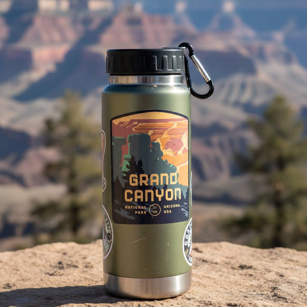 Forager Provisions LTD weather-resistant Grand Canyon National Park vinyl sticker on a green metal water bottle