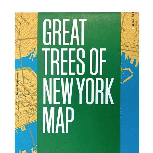 Map cover titled "Blue Crow Media Great Trees of New York Map" with a partial map of New York City in the background, showcasing an eco-friendly printed map that serves as your NYC trees guide.