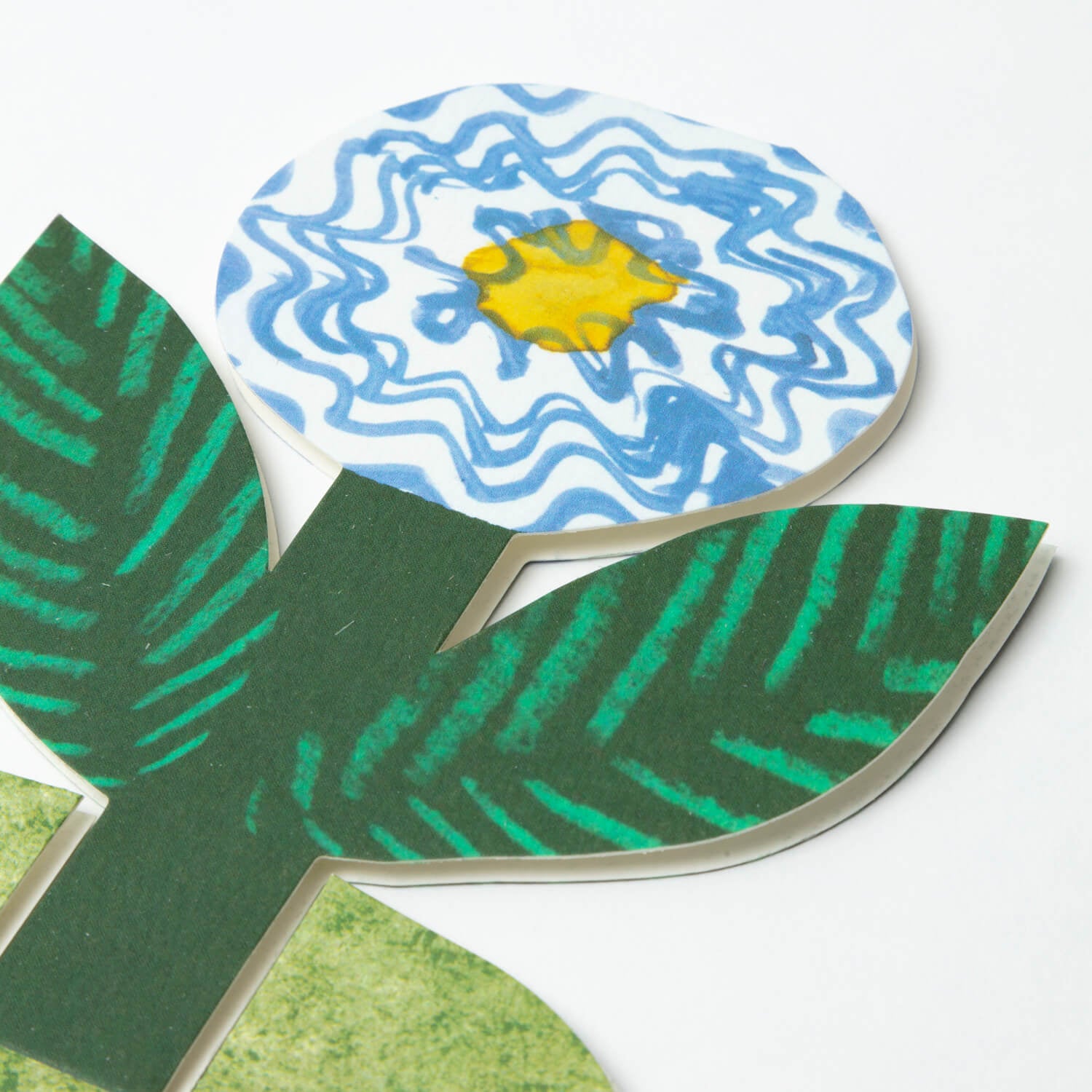 Blue and yellow flower collage on white stand up card – Hadley Greeting Cards, unique floral greeting card for all occasions.