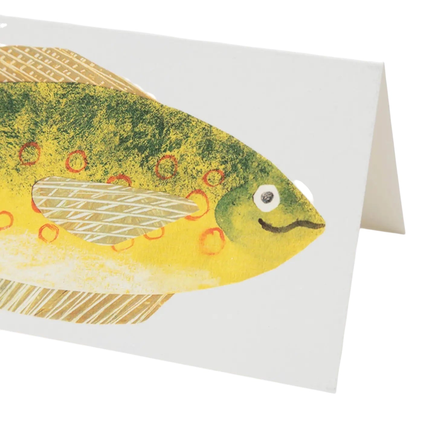 Hadley Cheery Fish Greeting Card shows a cute yellow-green fish with orange spots, perfect eco-friendly card for any occasion.