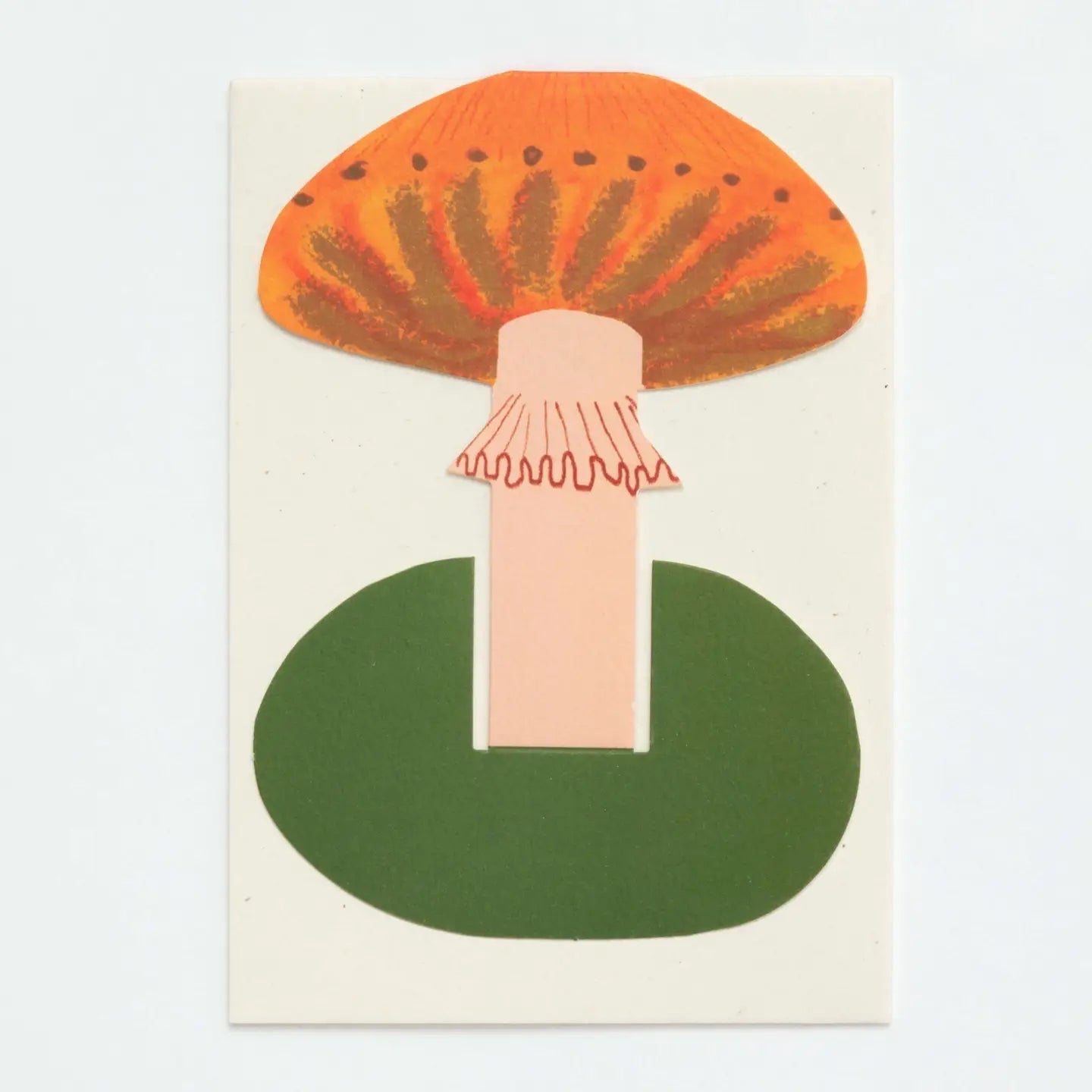 Forager Provisions LTD orange frilly mushroom stand-up greeting card with textured collage detail on eco-friendly card.