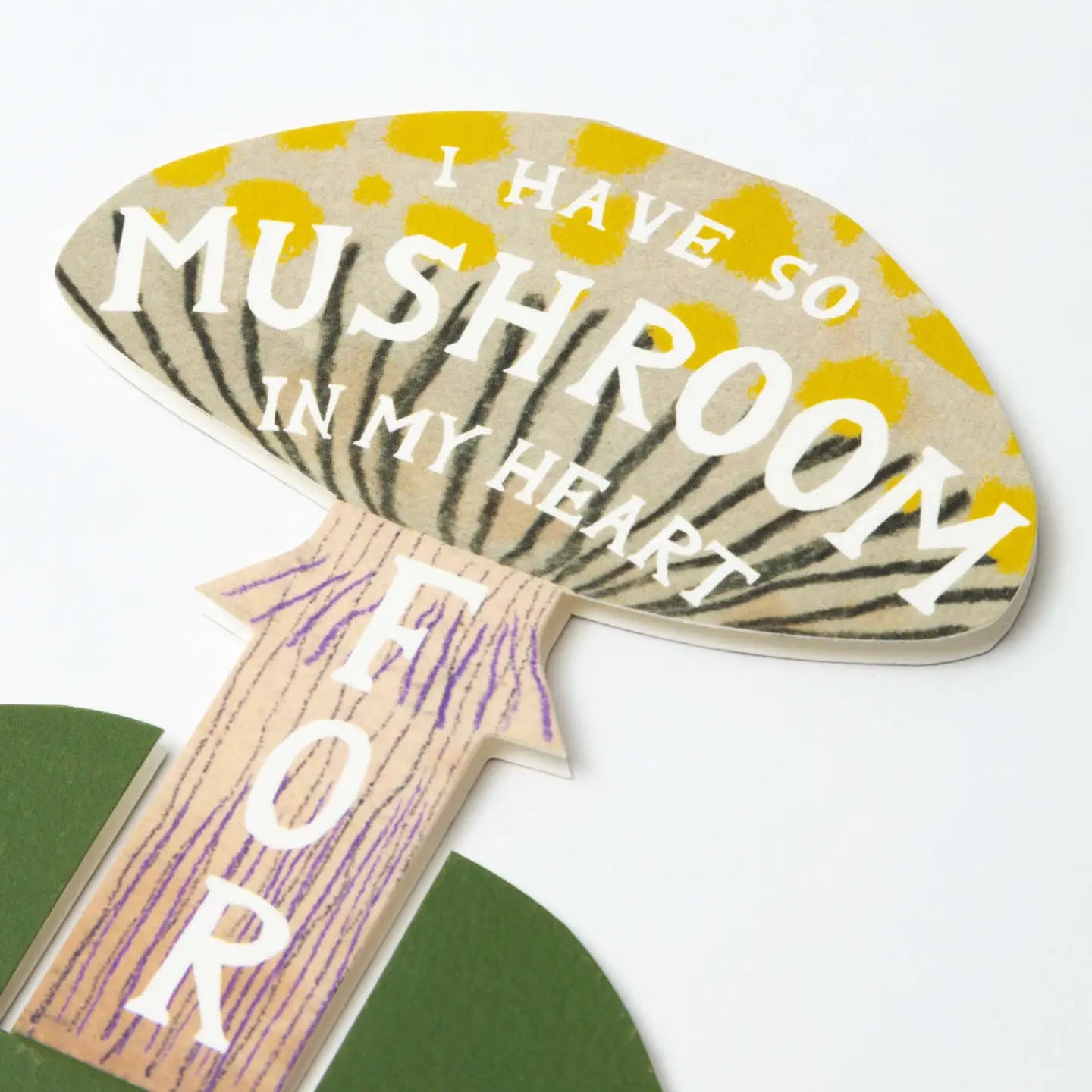 Hadley Paper Goods Mushroom In My Heart Greeting Card with white background, green shapes, cute mushroom art, eco-friendly design.