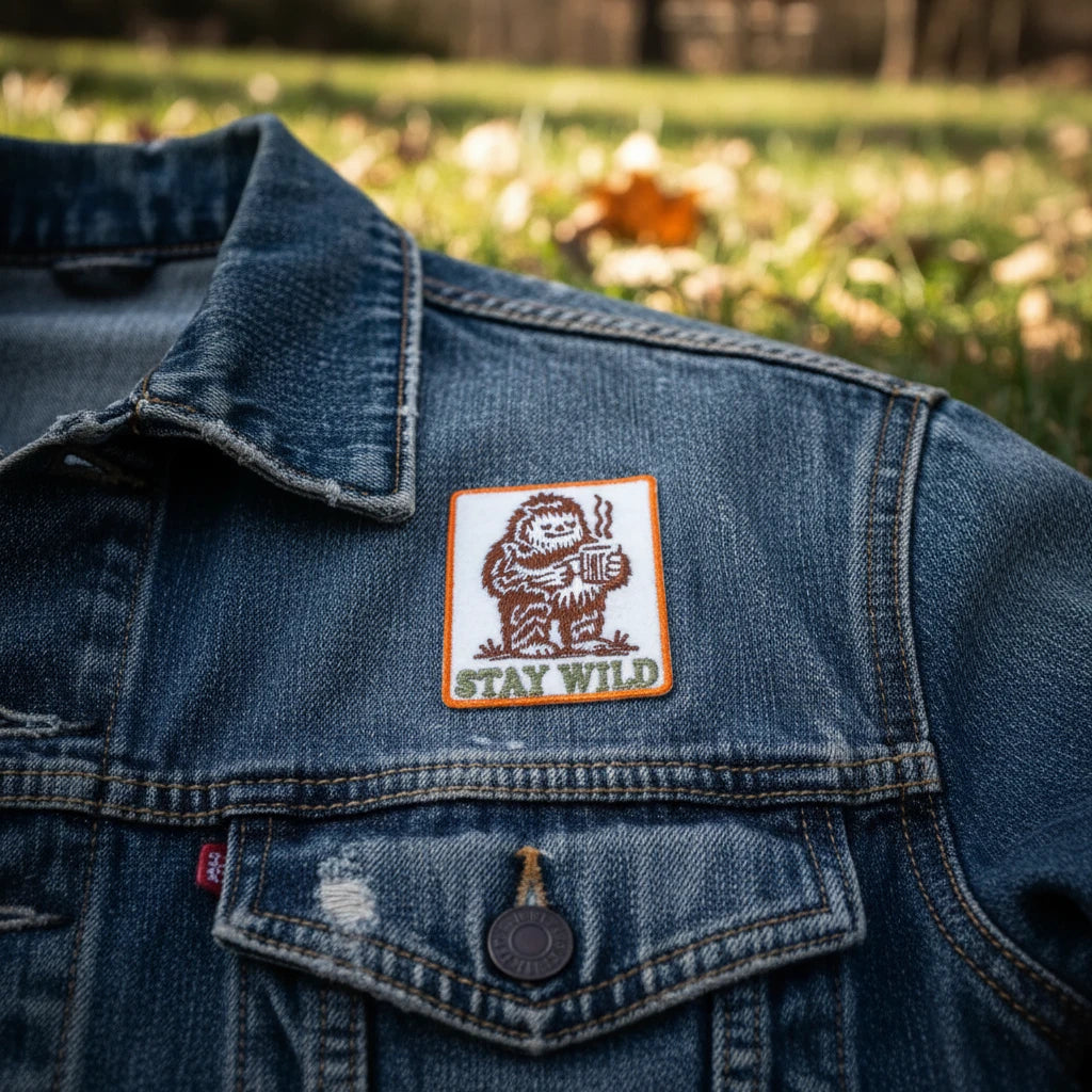 Forager Provisions LTD embroidered iron-on patch featuring a Bigfoot drinking coffee on a denim jacket