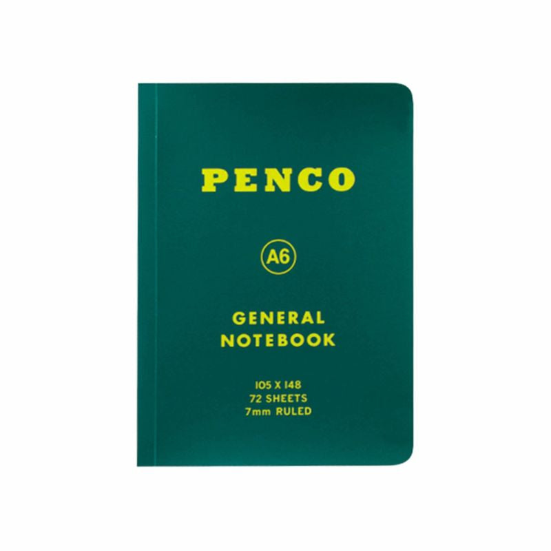 A Hightide Penco Soft PP Notebook in green, featuring a soft touch cover with yellow text, containing 72 sheets of lined paper with 7mm ruled lines, and measuring 105 x 148 mm.
