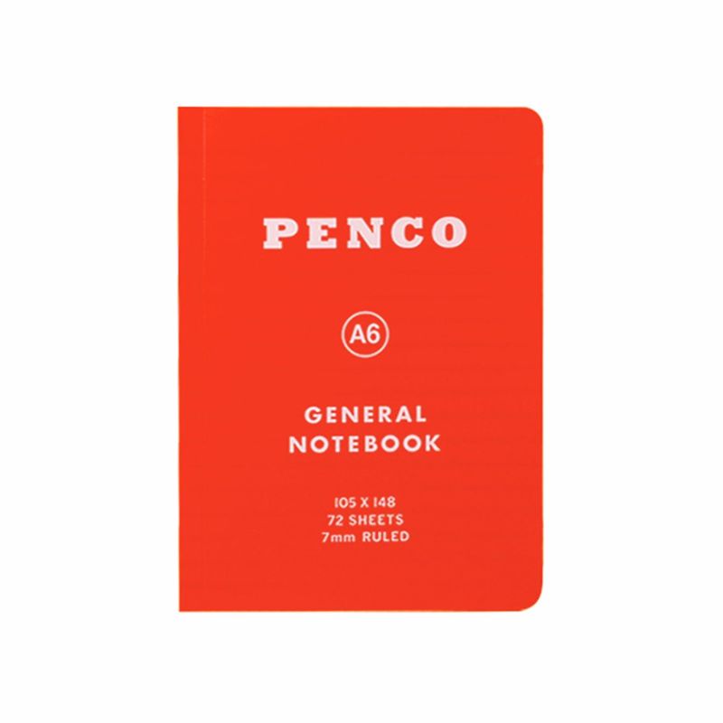 The Hightide Penco Soft PP Notebook (Ruled A6) in red features a soft touch cover with white text, labeled "A6," "105 x 148," "72 sheets," and "7mm ruled" lined paper.