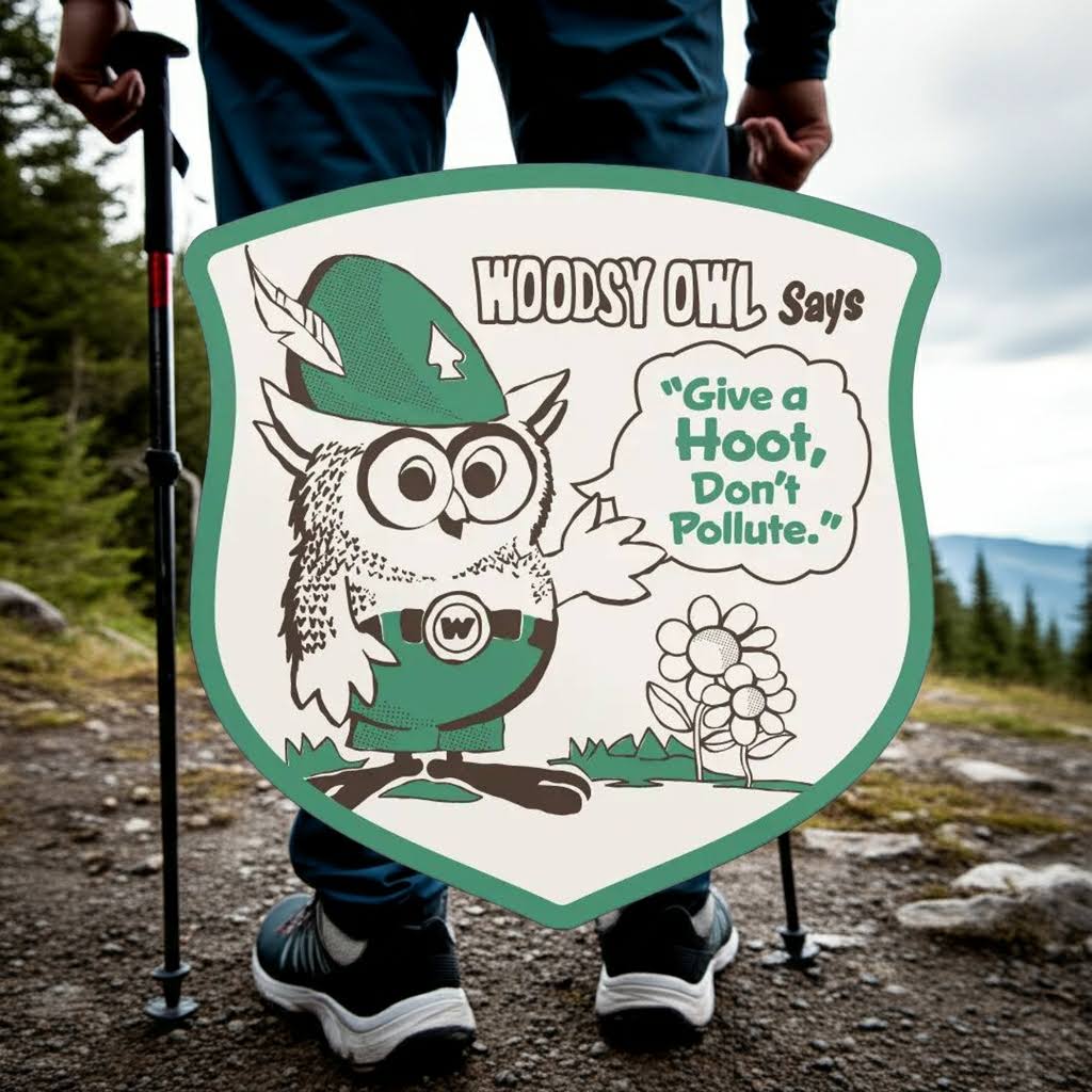 Forager Provisions LTD Woodsy Owl vinyl sticker featuring the Give a Hoot Don't Pollute message on a hiking trail.