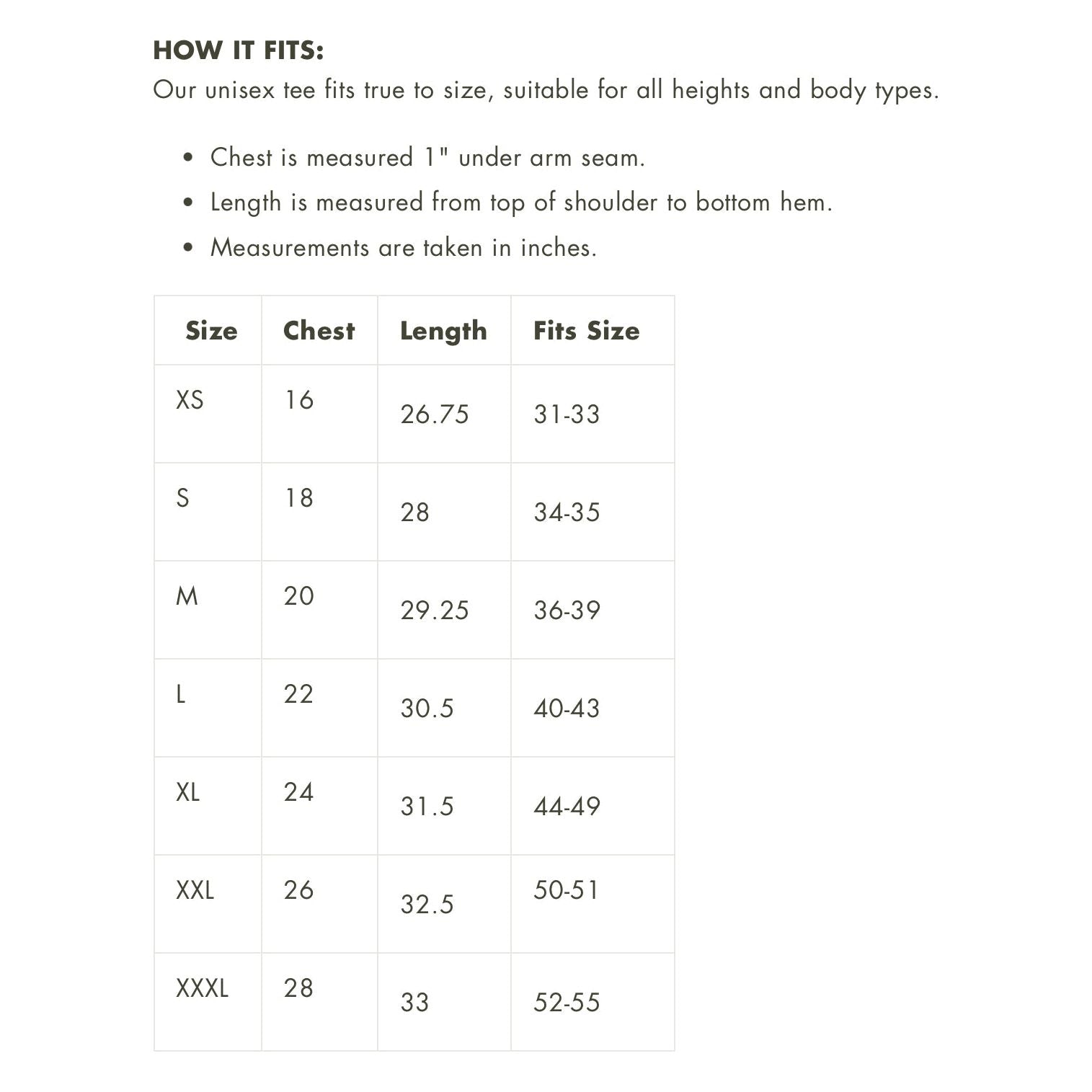 The image showcases the size chart for The Landmark Project T-Shirts