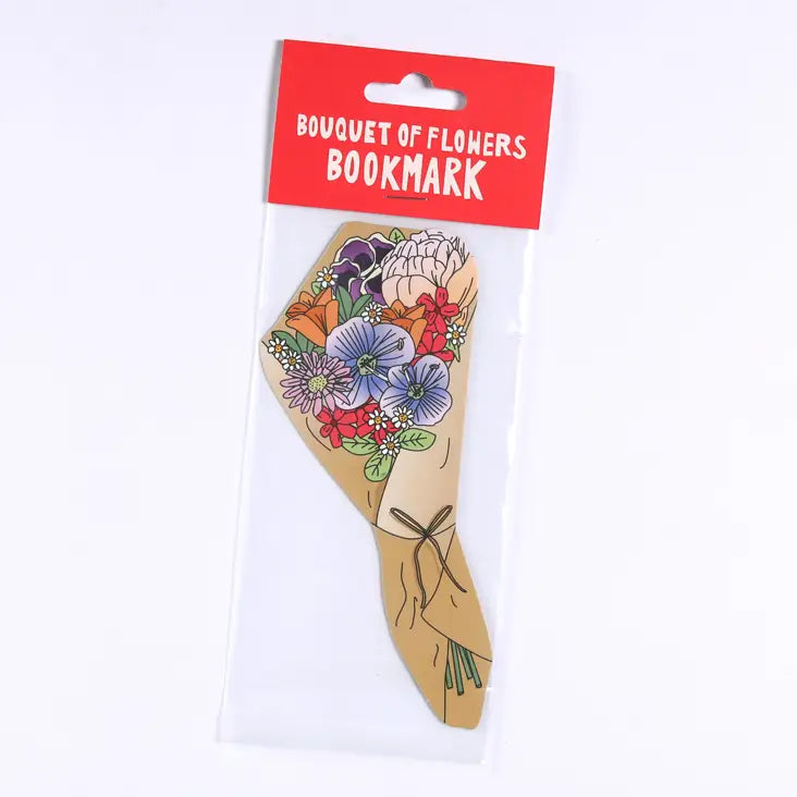 Colorful paper die-cut flower bouquet bookmark in packaging, labeled Bouquet of Flowers Bookmark—unique floral gift idea.