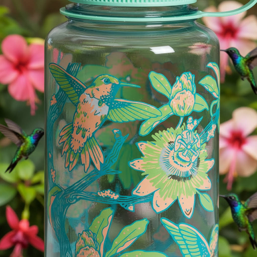Forager Provisions LTD 32oz Nalgene water bottle with a vibrant hummingbird and floral print against a garden background