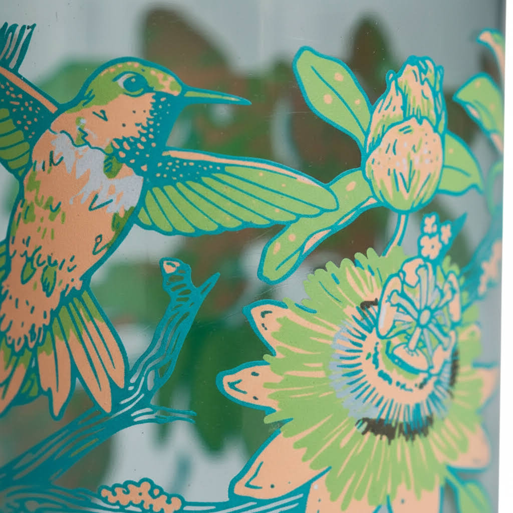 Forager Provisions LTD 32oz Nalgene water bottle featuring a vibrant hummingbird and floral print in mustard and green.