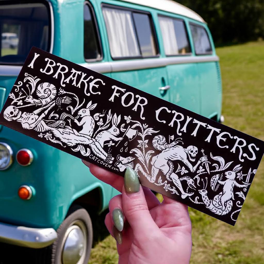 Forager Provisions LTD Cat Coven car magnet featuring I Brake For Critters text and whimsical medieval art.