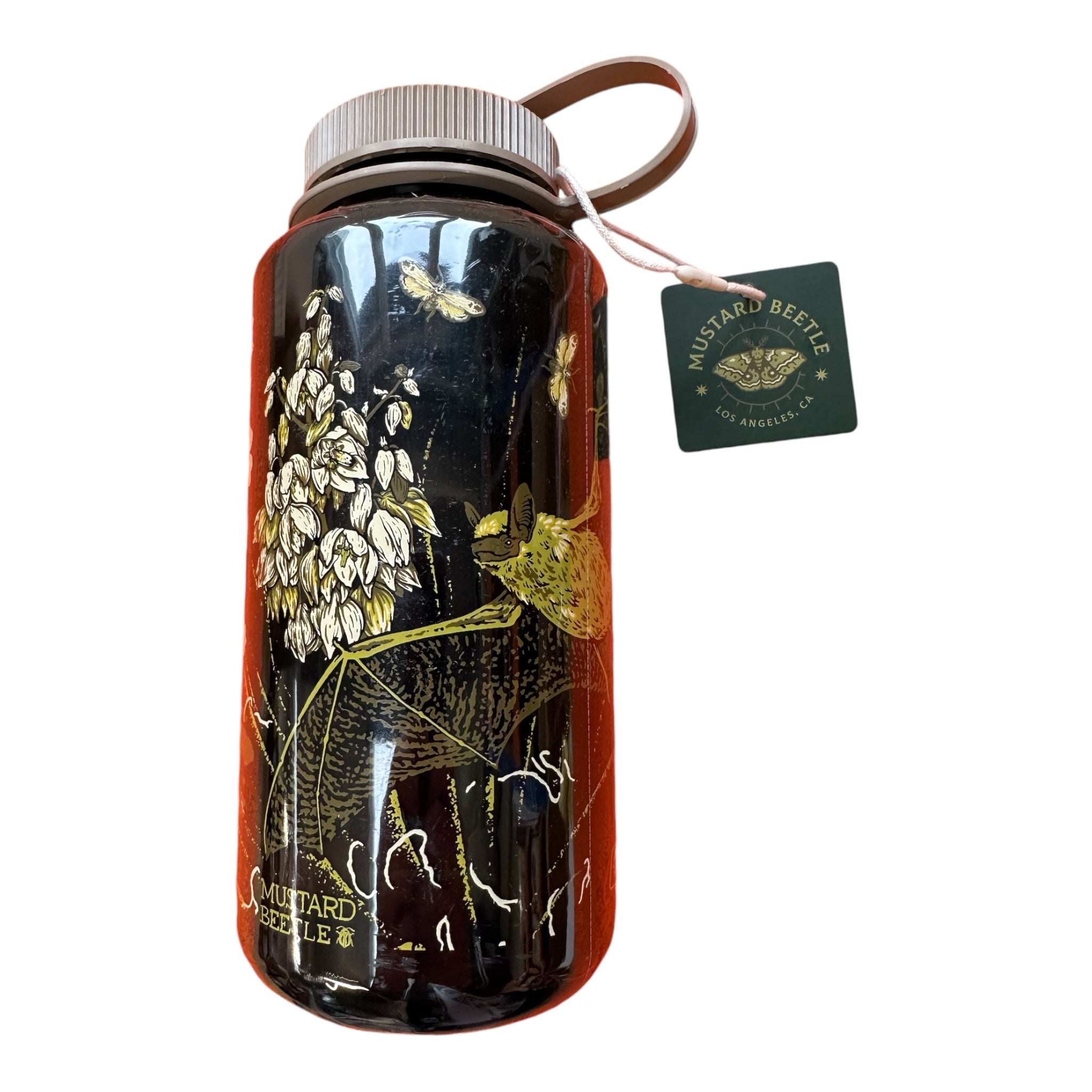 Mustard Beetle Nalgene 32oz Water Bottle, clear BPA-free plastic, beige lid, leaf print, green tag; eco-friendly hydration.