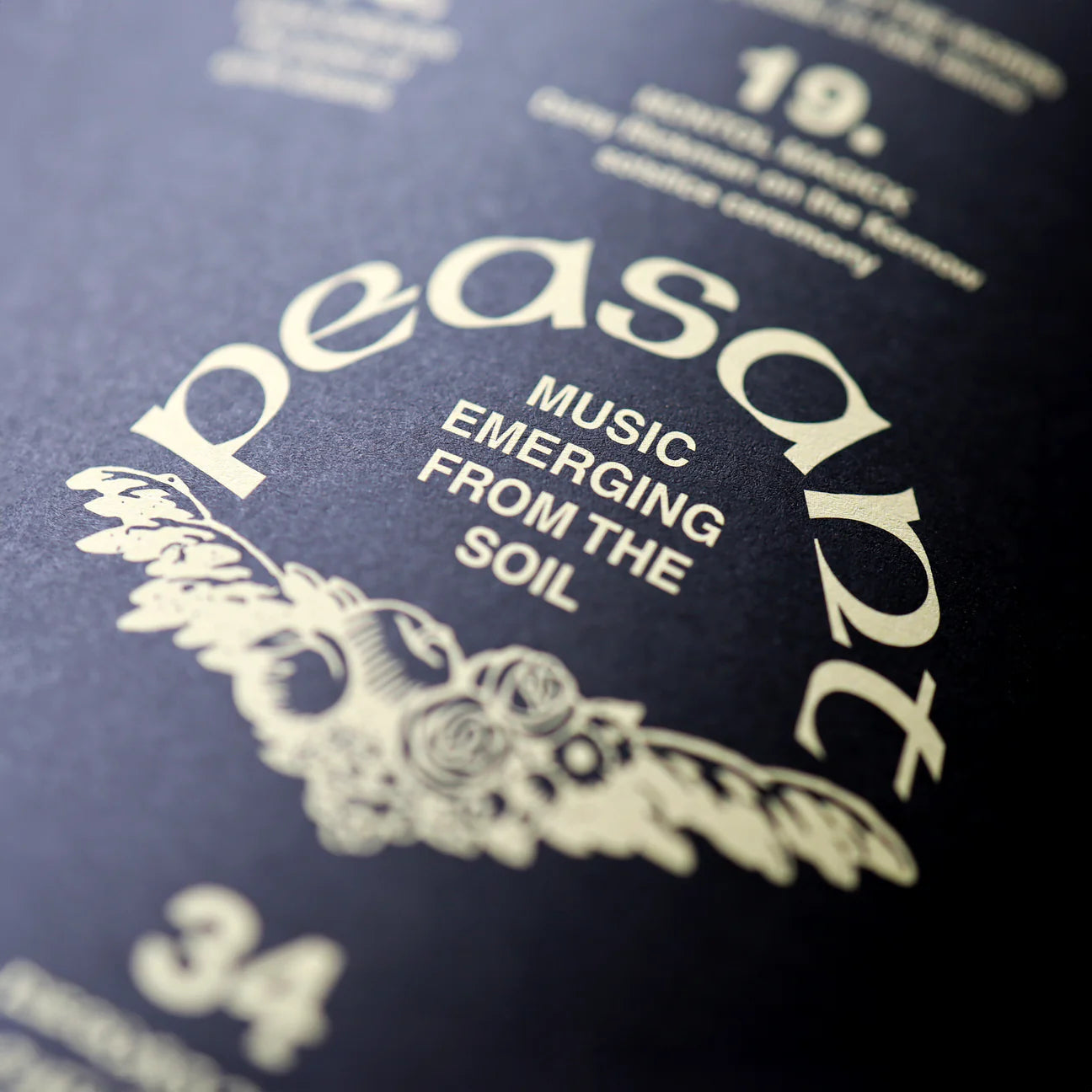 Magazine cover titled "Peasant: Music Emerging from the Soil" with a woodcut-style image of a peasant. Text: "Weird Walk Peasant Folk Zine - Issue One," featuring folk music and musical innovators.