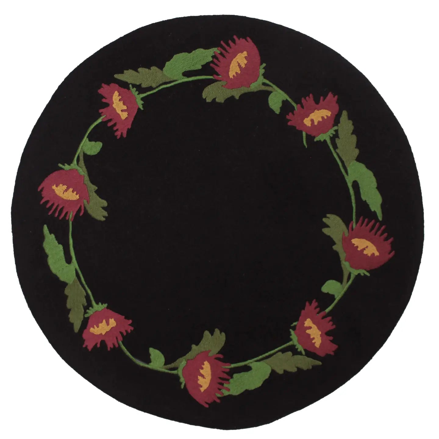 Primitive Folk Flowers In Firkin mat with black, red flowers and green leaves—perfect rustic cottagecore decor by The Home Collection.