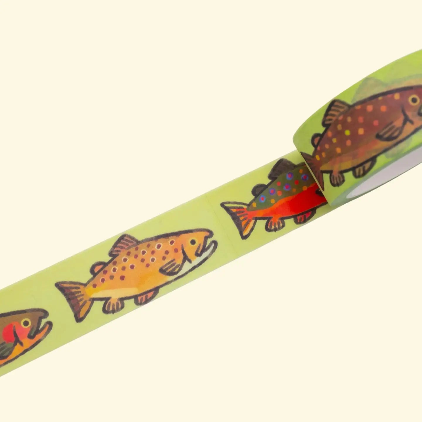 Camp Mustelid Trout Washi Tape by Forager Provisions LTD displays brown and red trout on pale green, perfect for crafts.