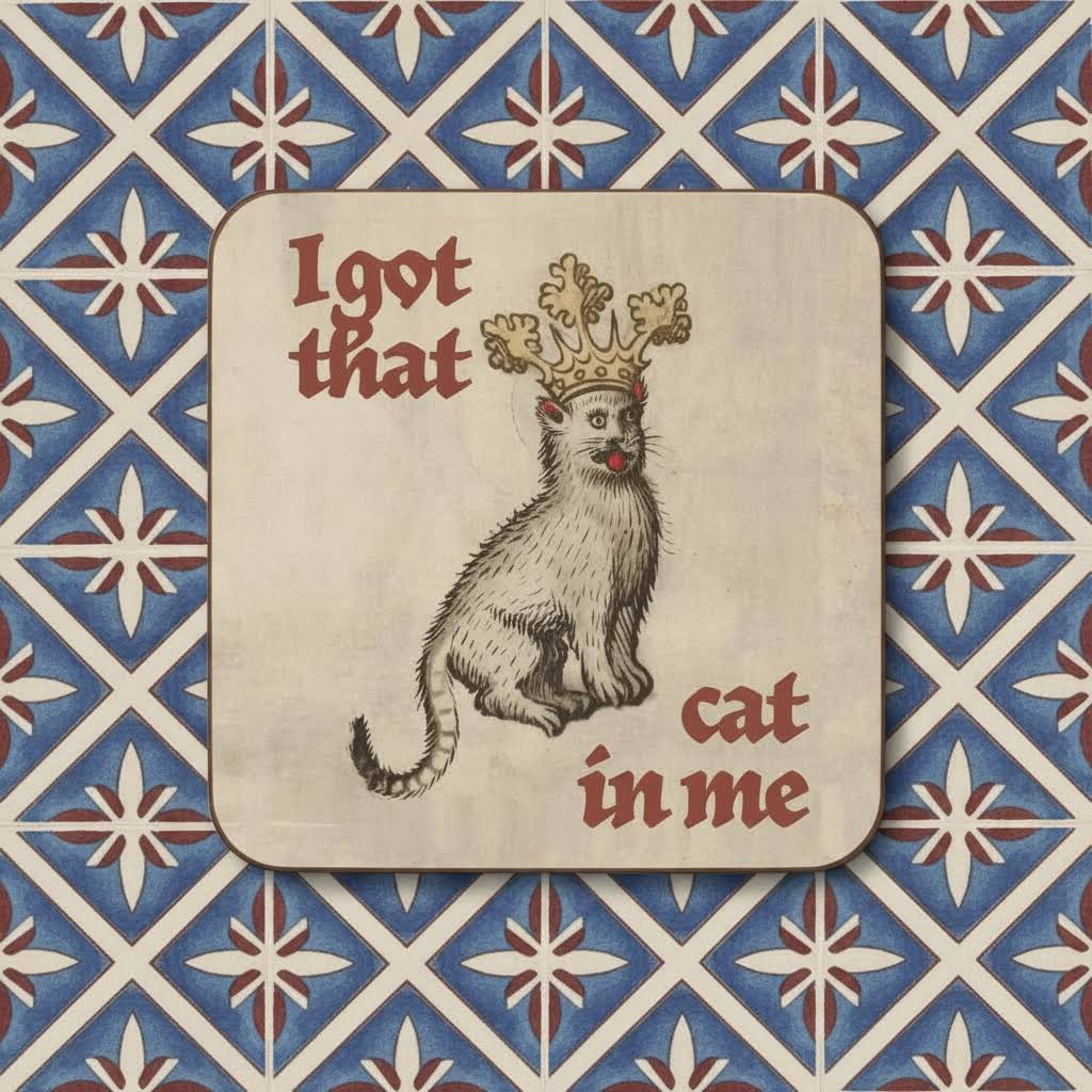 Medieval cat coaster by Betiobca—crowned, red-nosed kitty design; perfect funny gift for cat lovers and collectors.