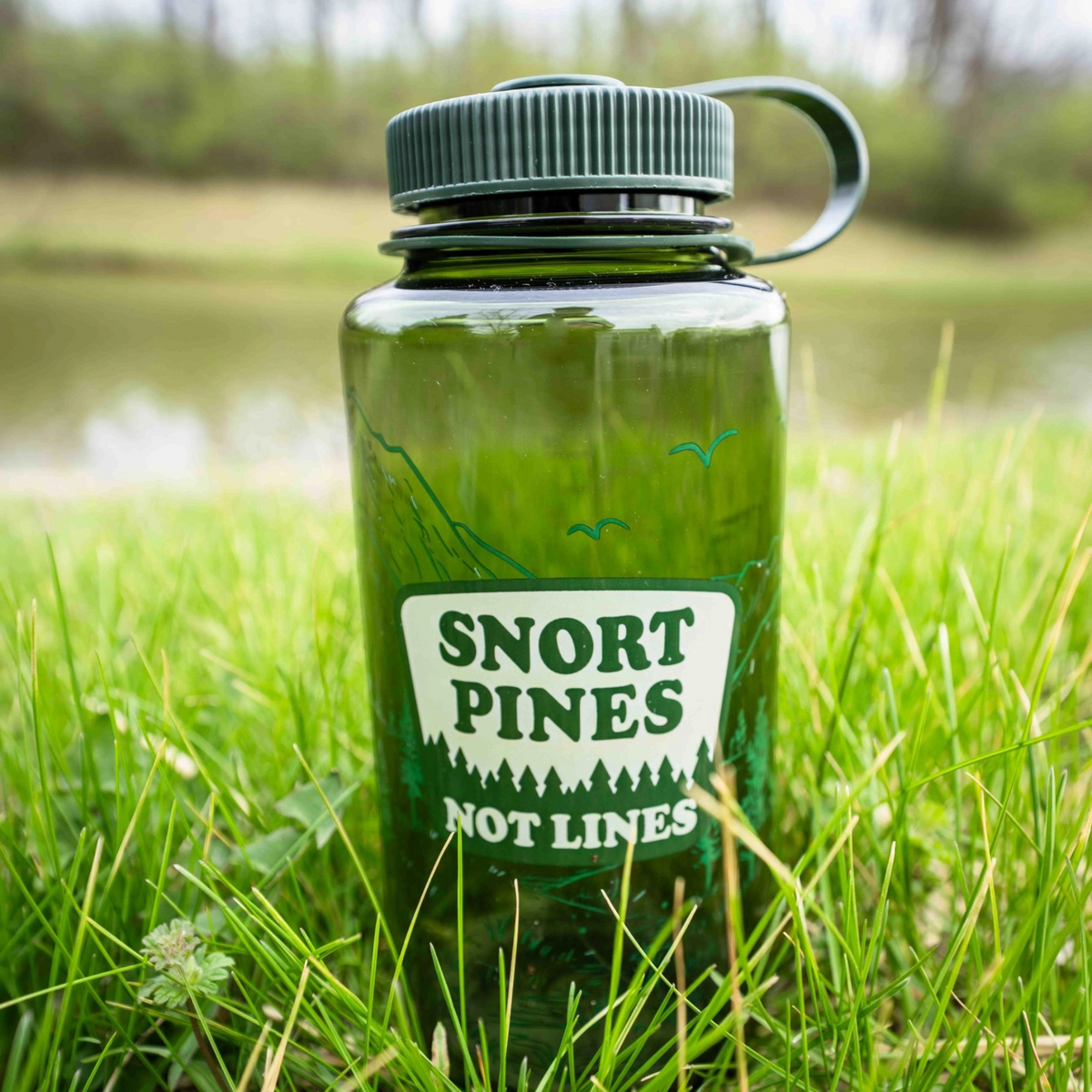 Forager Provisions LTD green Nalgene 32oz wide-mouth water bottle with Snort Pines Not Lines graphic in grass