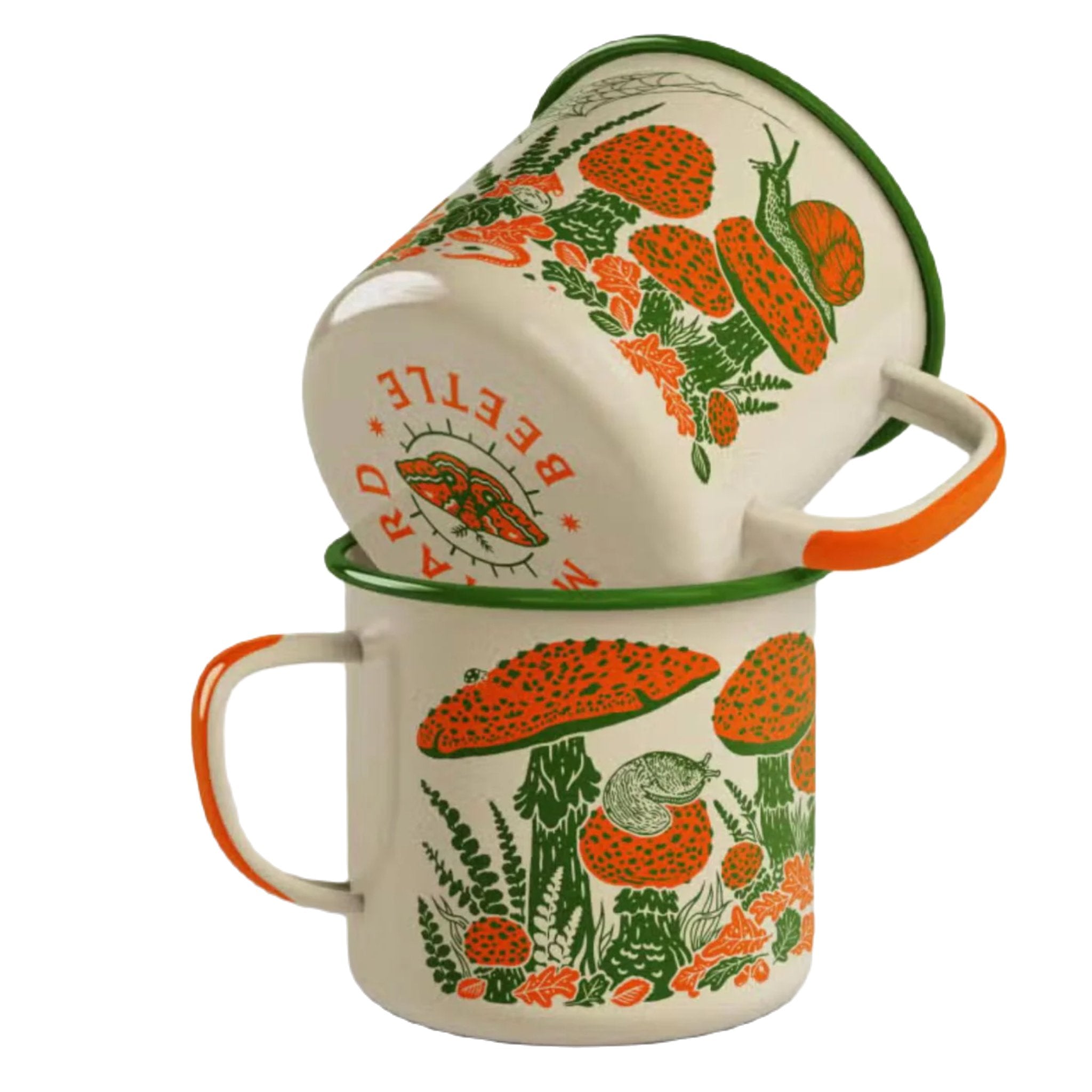 Handmade cream enamel camp mug from Poland with orange handle, features mustard beetle, toad, and mushroom design.