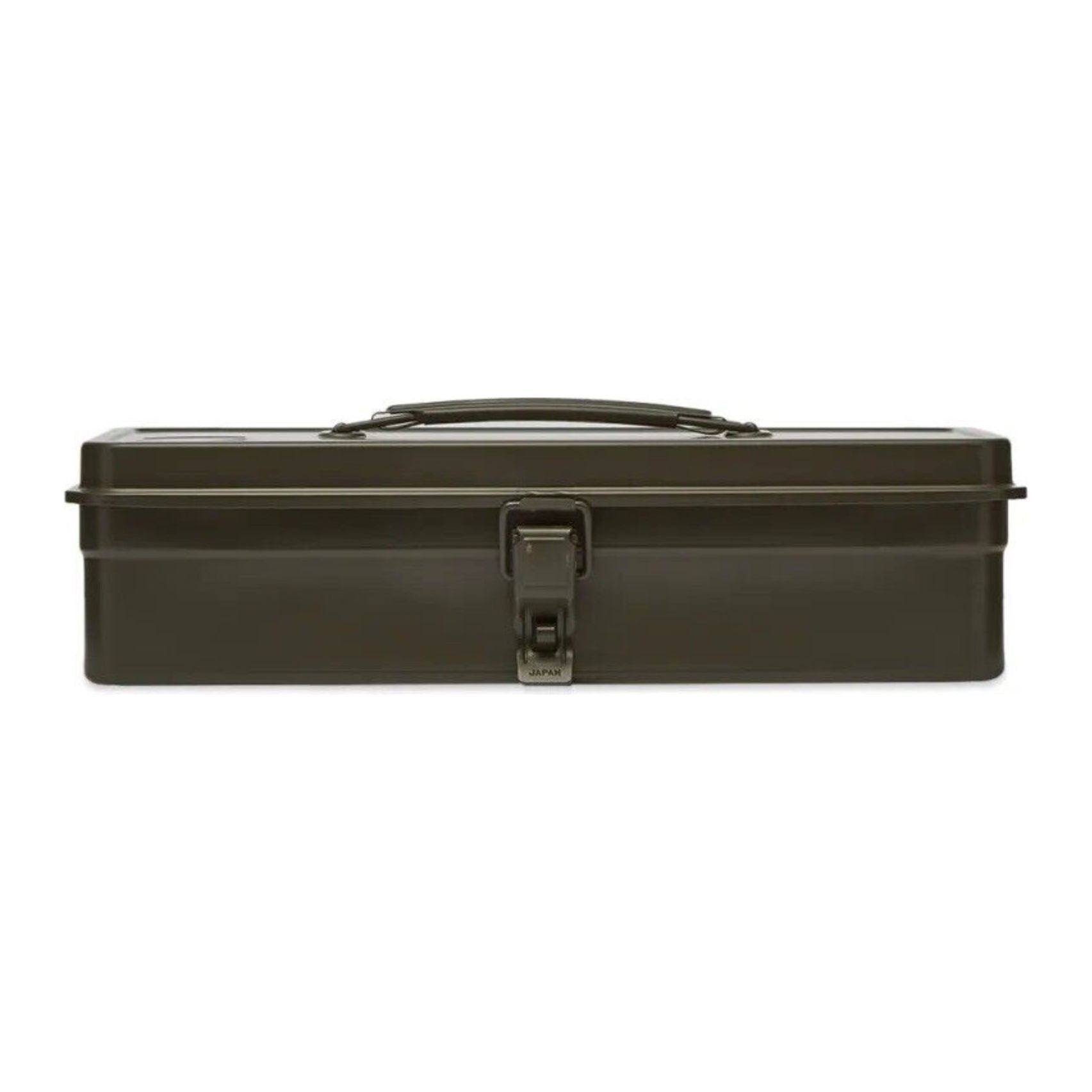 A khaki Trusco Made In Japan utility tool box with a latch and handle is closed and positioned against a white background.