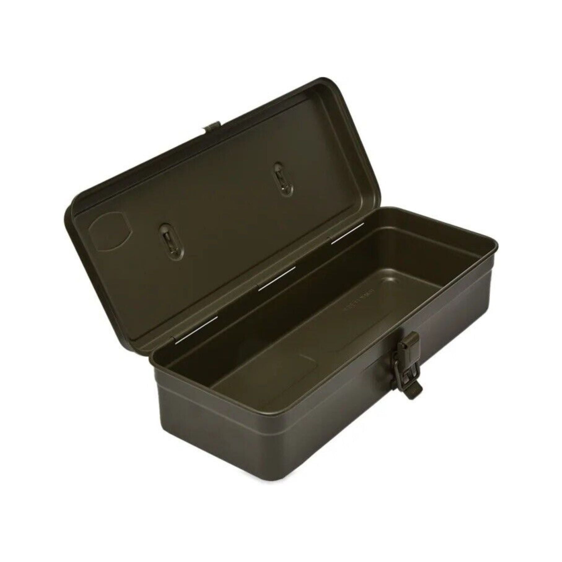 A khaki, open, rectangular metal utility box with a latch and a simple compartment design, exemplifying the high-quality craftsmanship of Trusco toolboxes made in Japan.