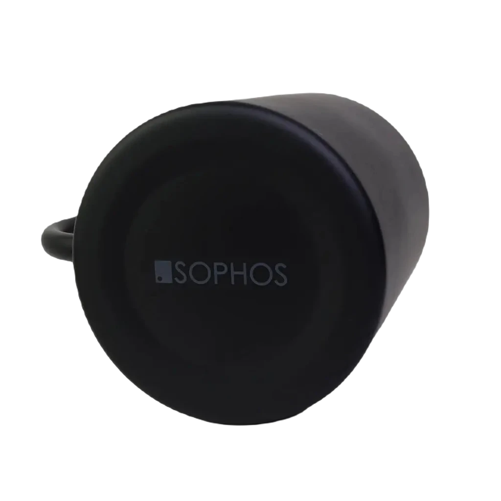 Introducing the Sophos 400ml Black Mug - a stylish black metal mug featuring a shiny silver interior and a small square logo near the base. Perfectly designed for outdoor use, it serves as an exceptional insulated travel mug, ensuring you stay refreshed with its large capacity. Showcased against a white background, it is both sleek and functional.