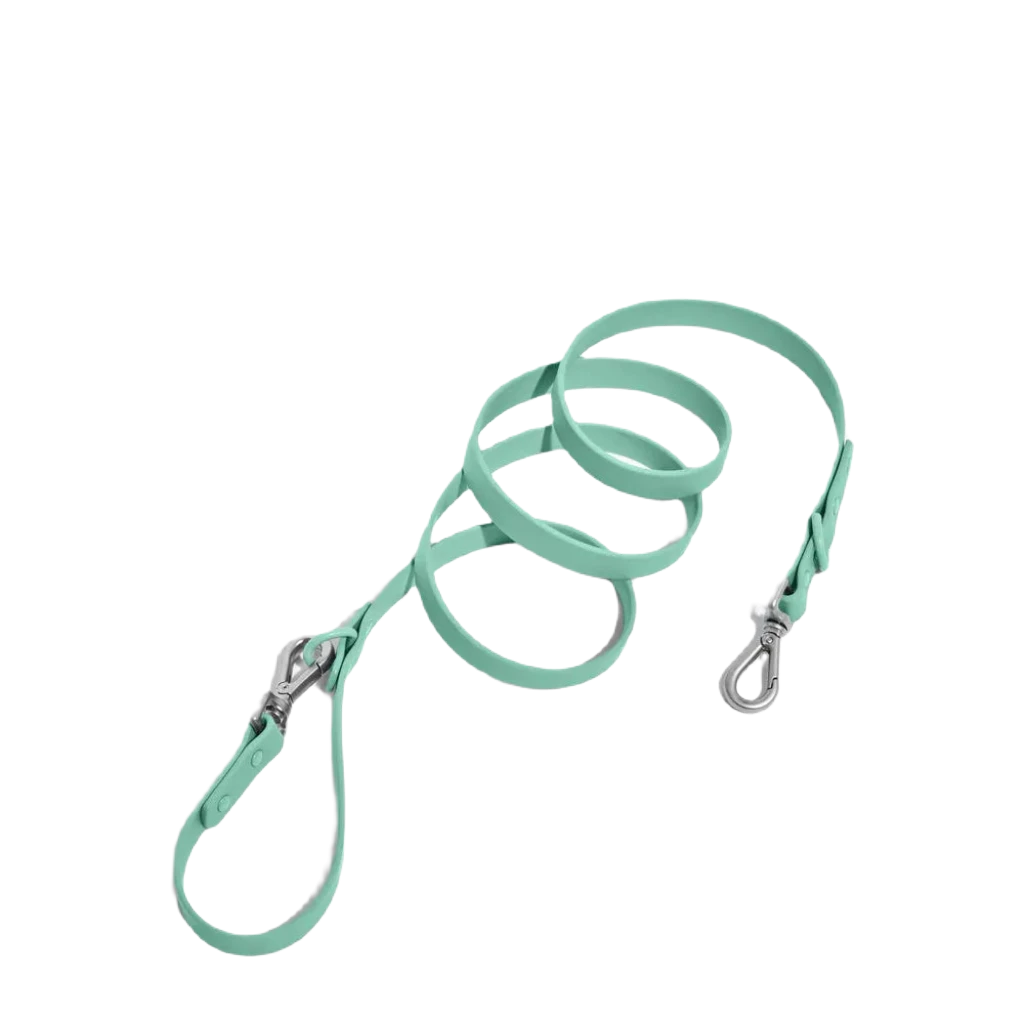 A Spruce-colored Wild One adjustable waterproof dog leash, featuring multiple length adjustments and a metal clasp, coiled neatly on a white surface. Crafted from all-weather materials, it pairs perfectly with a matching collar or harness.