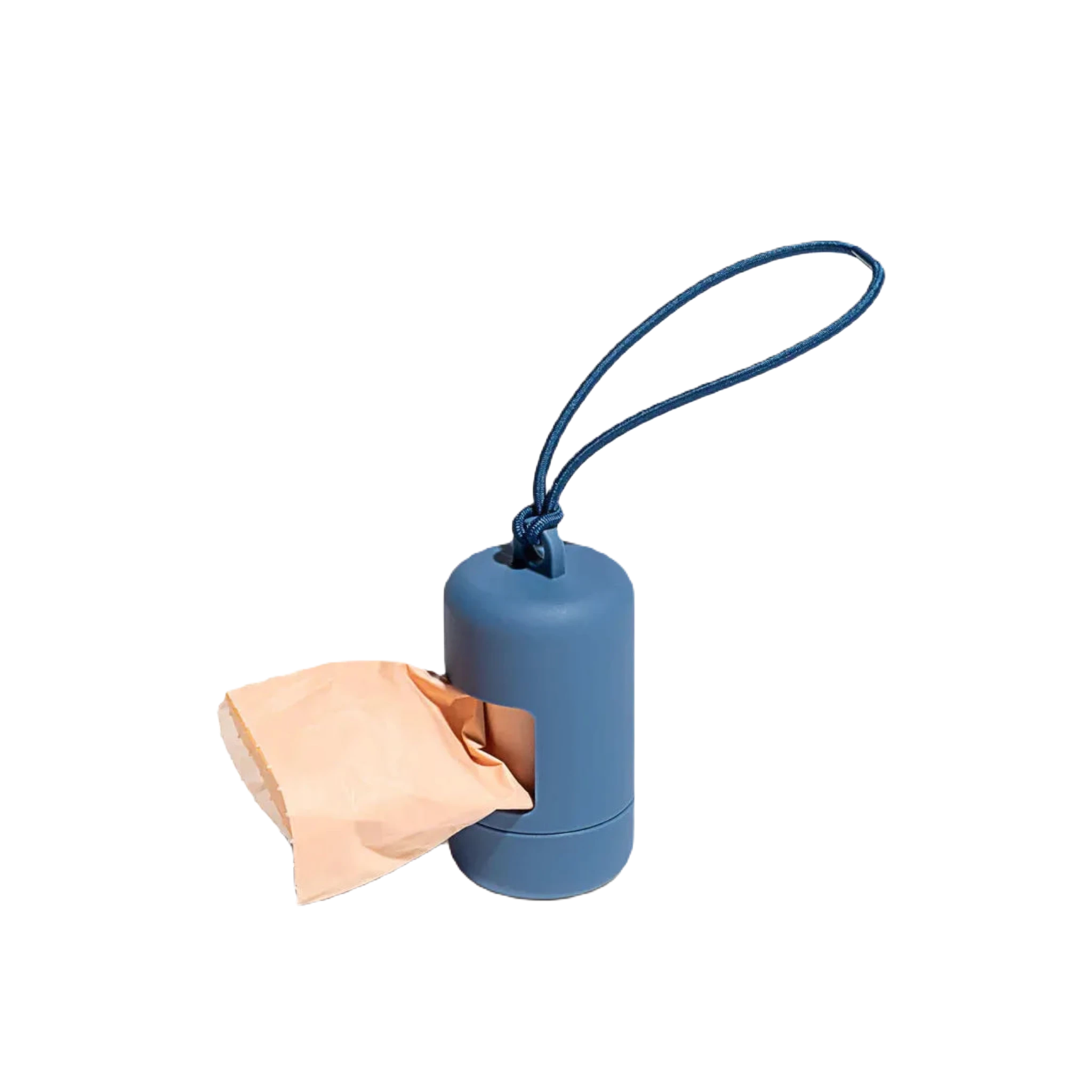 The Wild One Dog Poop Bag Dispenser Holder in Navy features a strap and dispenses eco-friendly beige bags from the side, making it a perfect leash accessory for carrying poop bags on walks.