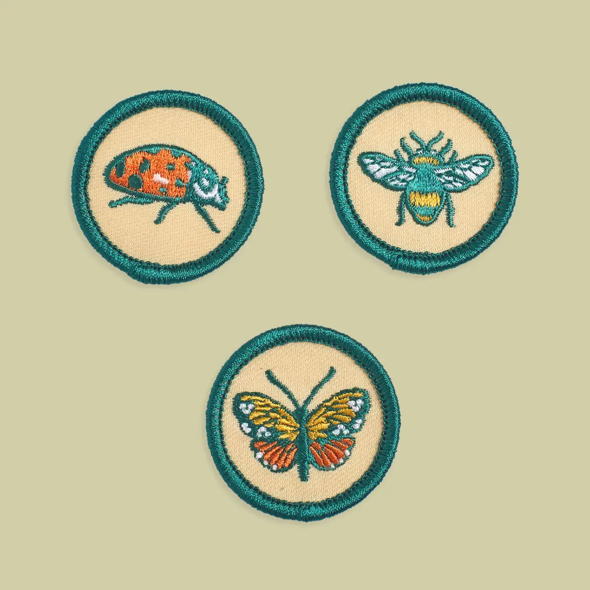 Mustard Beetle Scout Nature Insect Iron On Patches feature ladybug, bee, butterfly in green borders; cute embroidery for clothes.
