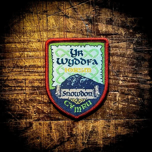 Yr Wyddfa (Snowdon) 1085m patch by Adventure Patch Company—mountain design on wood, perfect Wales hiking souvenir.