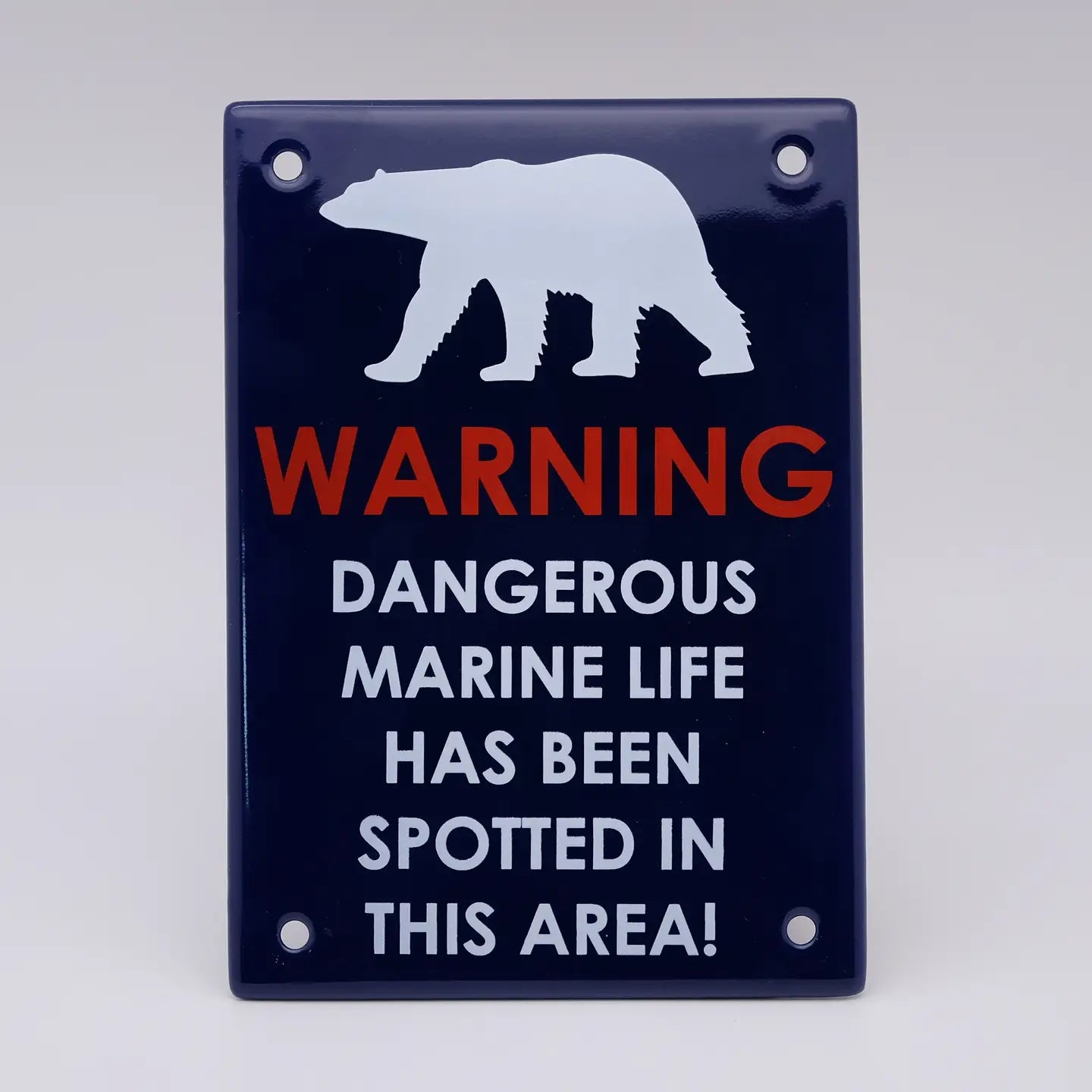 Emalco Enamelware Polar Bear Warning Sign 12x17cm—Nordic wall art décor, unique metal sign by Emalco for home or office.