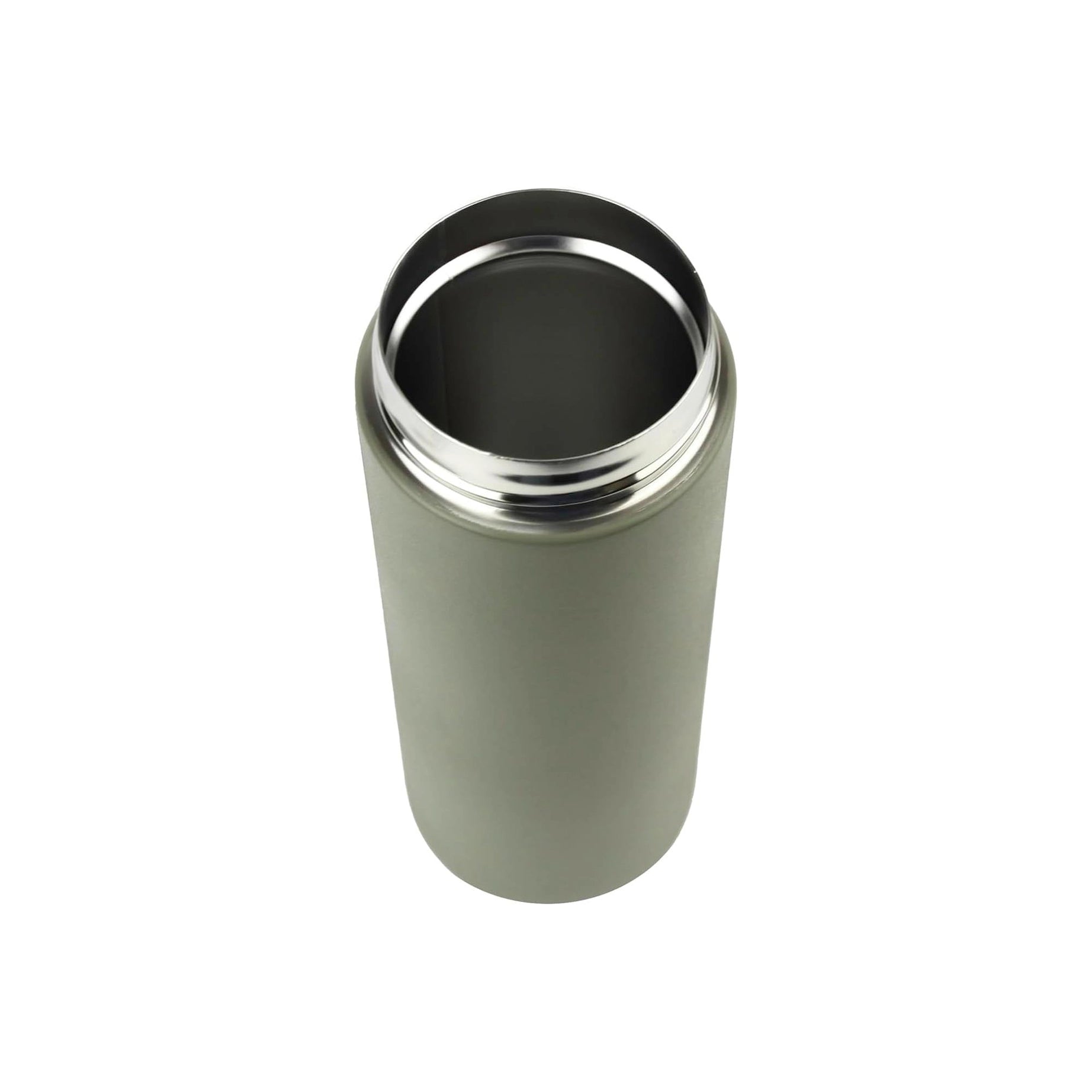 Forager Provisions Premium 500ml Stainless Steel Travel Mug Flask, matte khaki, open lid, insulated, on white background.